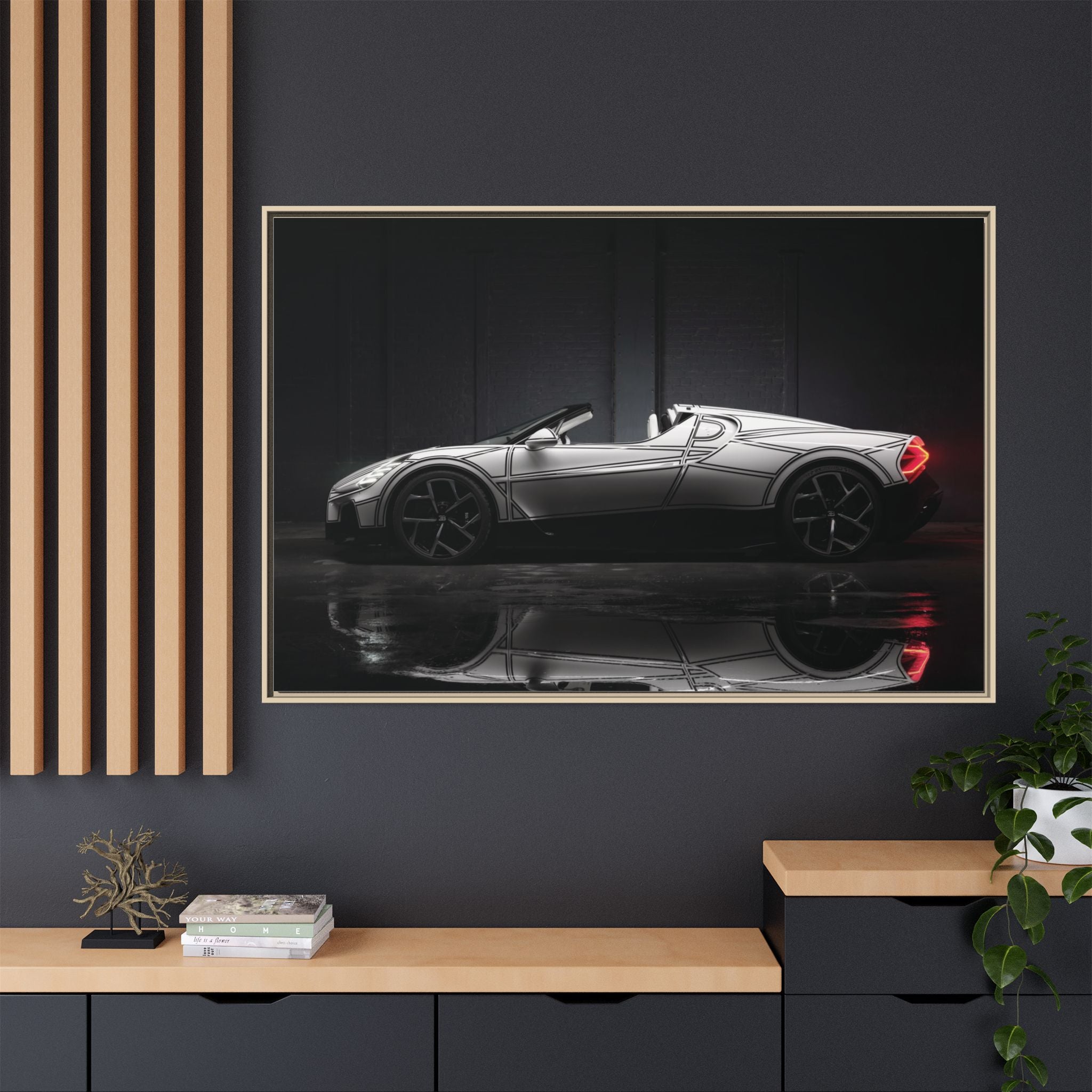 Framed Matte Canvas: Sleek Sports Car Reflection Wall Art