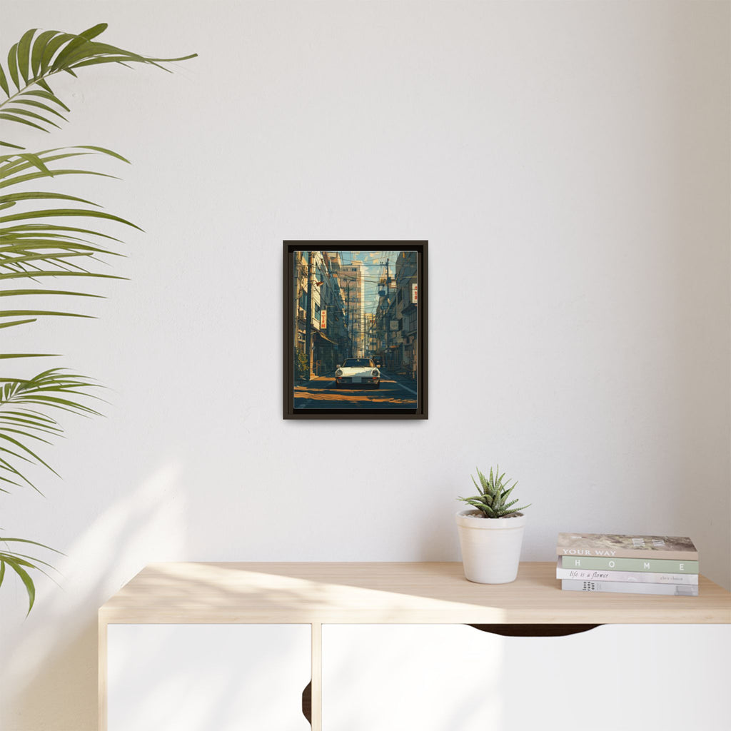 Vintage Sports Car Cityscape Framed Canvas Print