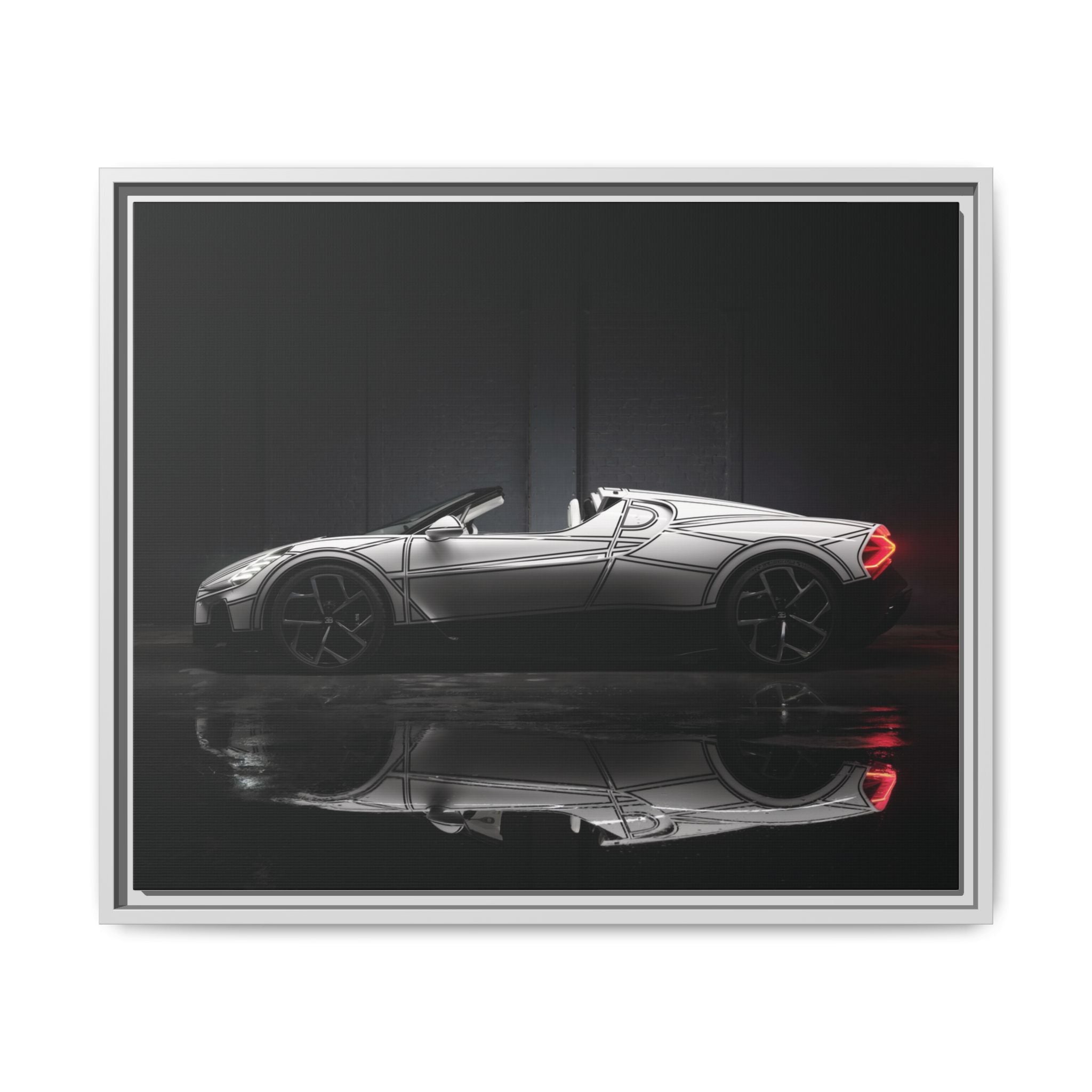 Framed Matte Canvas: Sleek Sports Car Reflection Wall Art