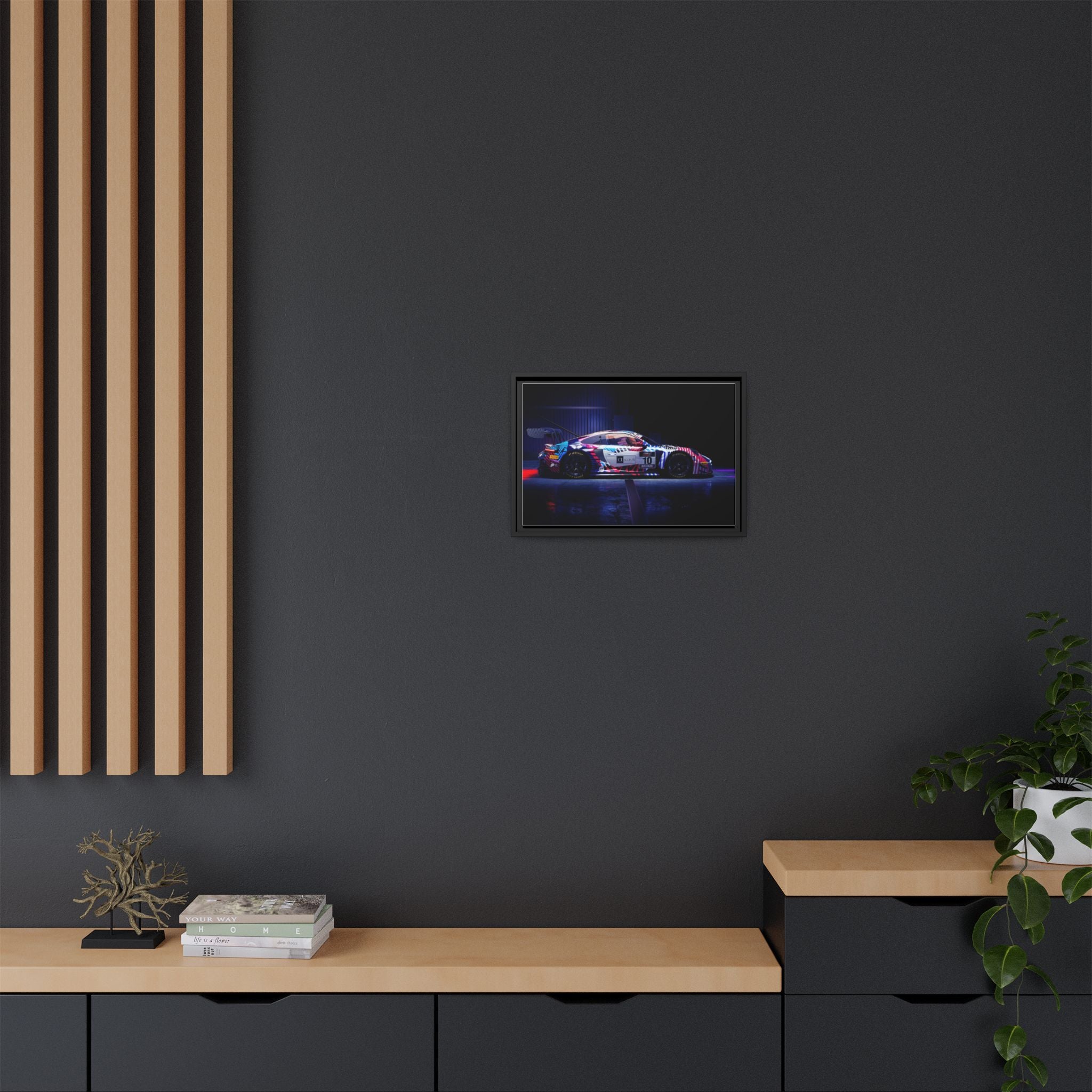 Framed Matte Canvas Print — Neon Racecar Wall Art