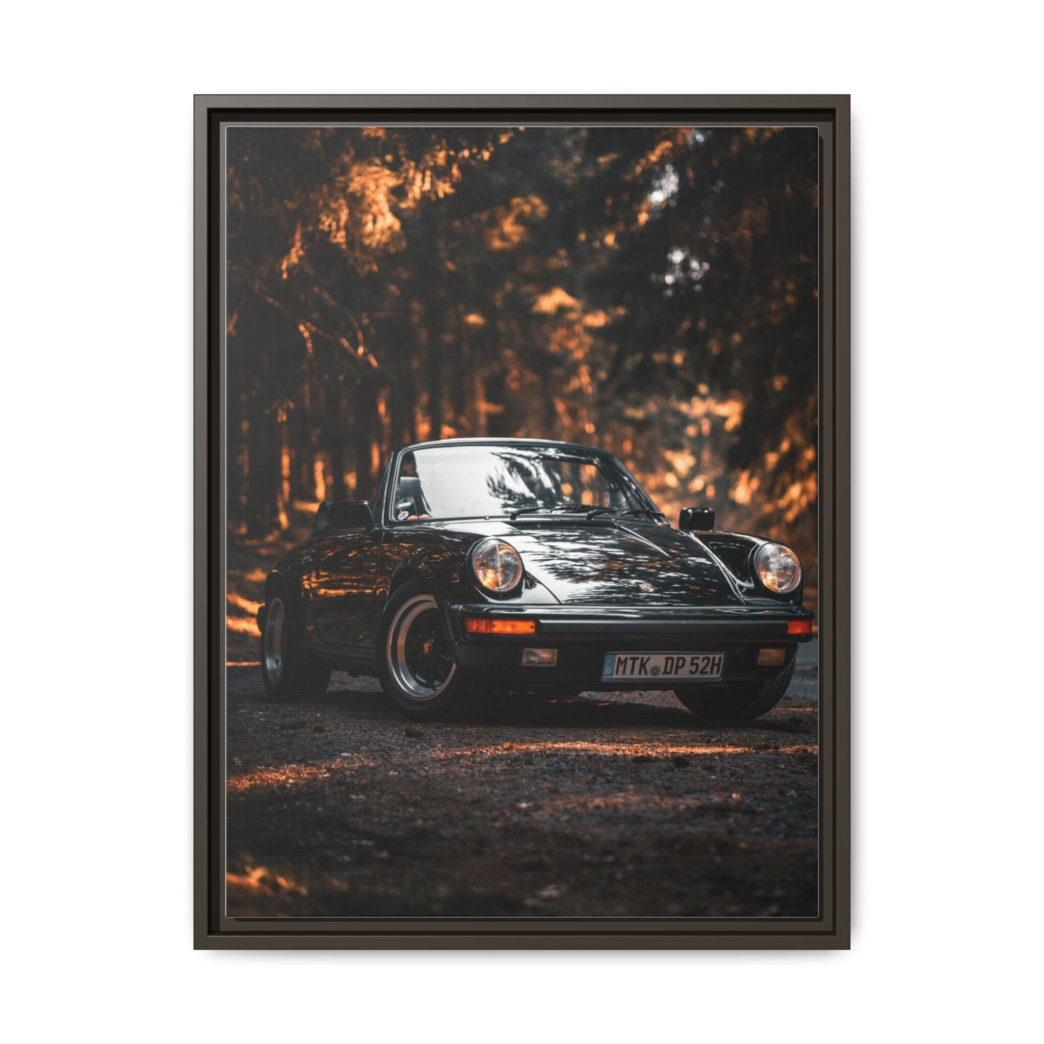 Framed Matte Canvas Print — Vintage Black Porsche in Autumn Forest