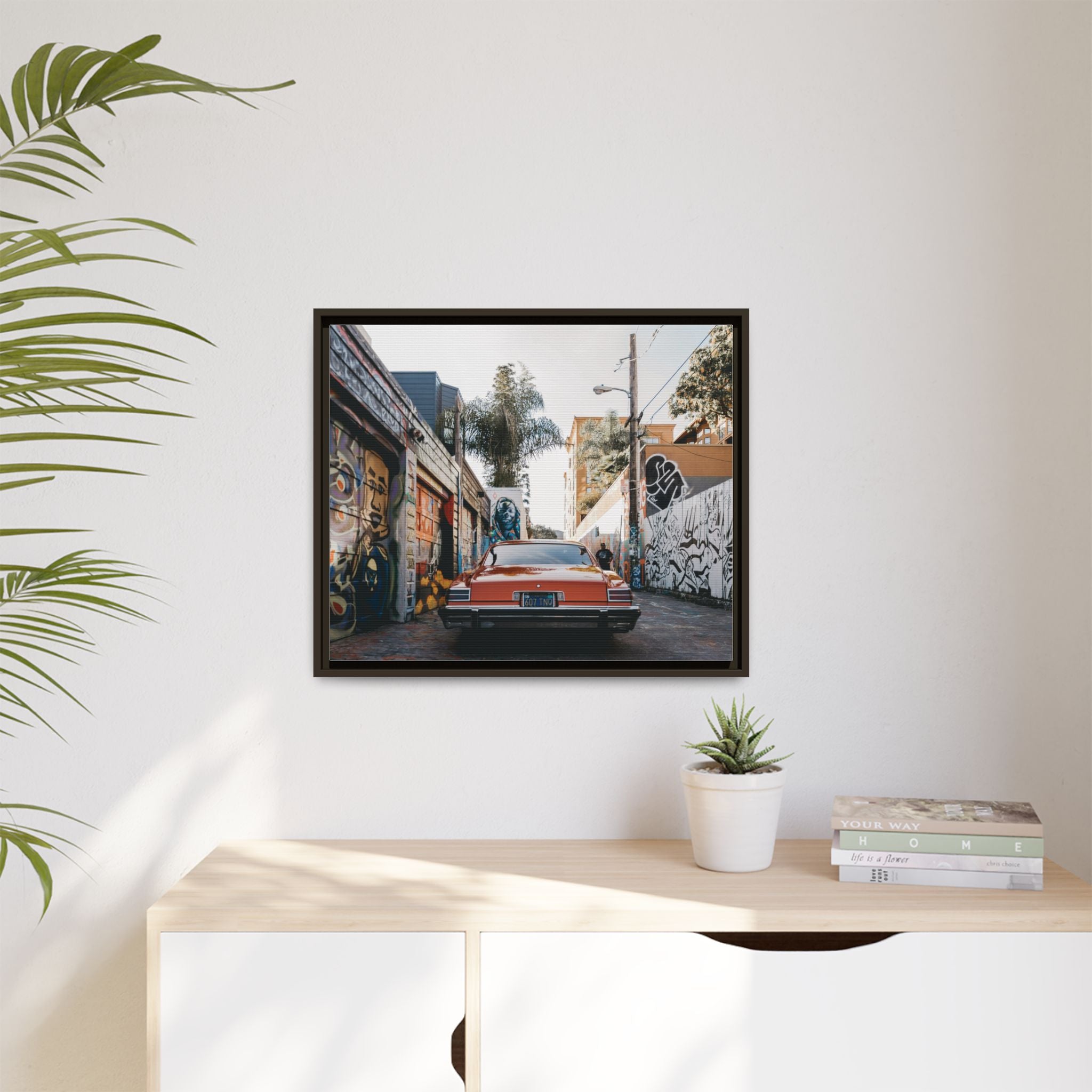 Vintage Chevrolet in Graffiti Alley — Framed Matte Canvas Wall Art