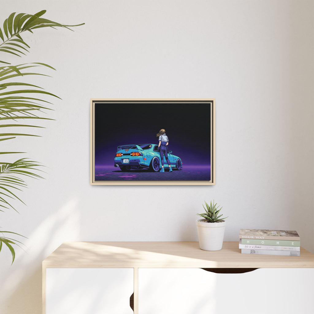 Retro Neon Race Car Poster Matte Canvas Framed | Anime Driver Wall Art