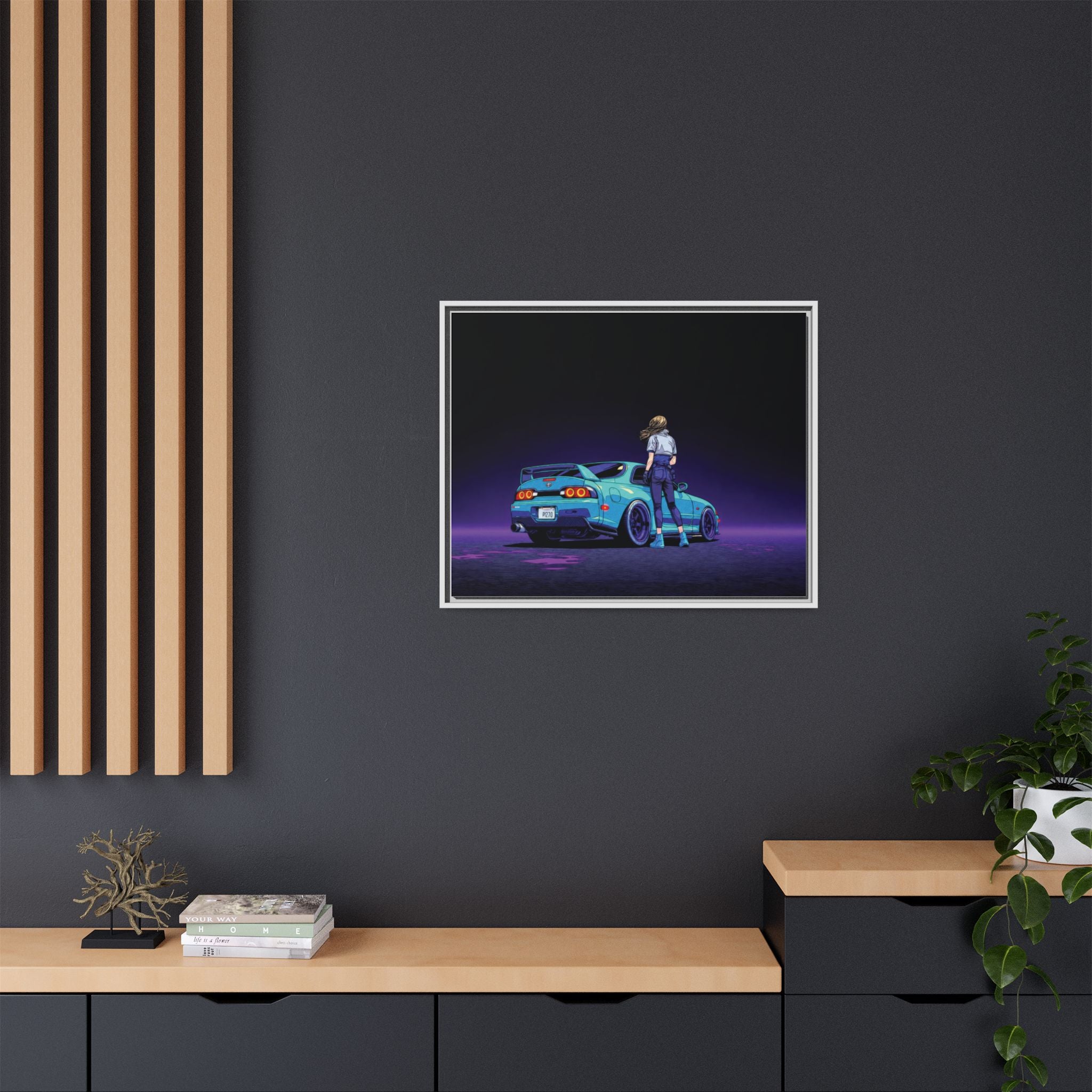 Retro Neon Race Car Poster Matte Canvas Framed | Anime Driver Wall Art