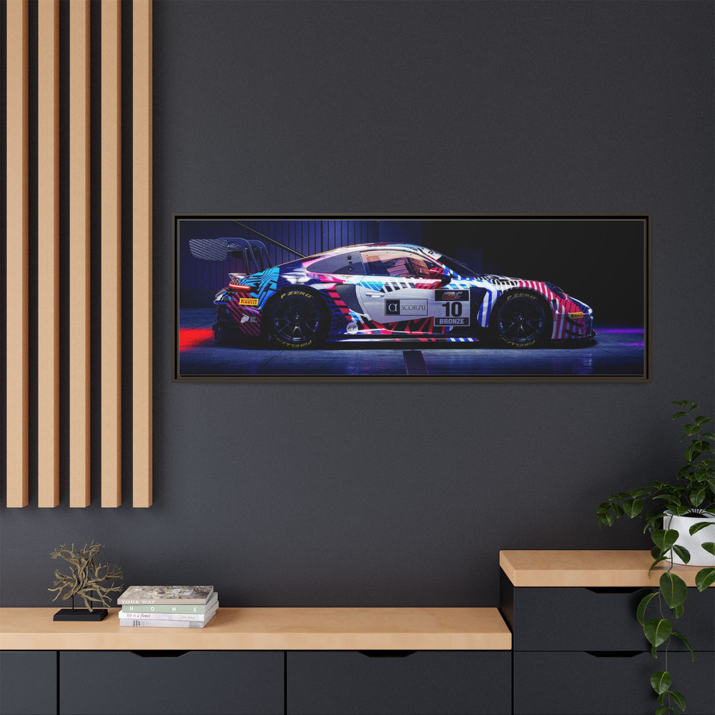 Framed Matte Canvas Print — Neon Racecar Wall Art