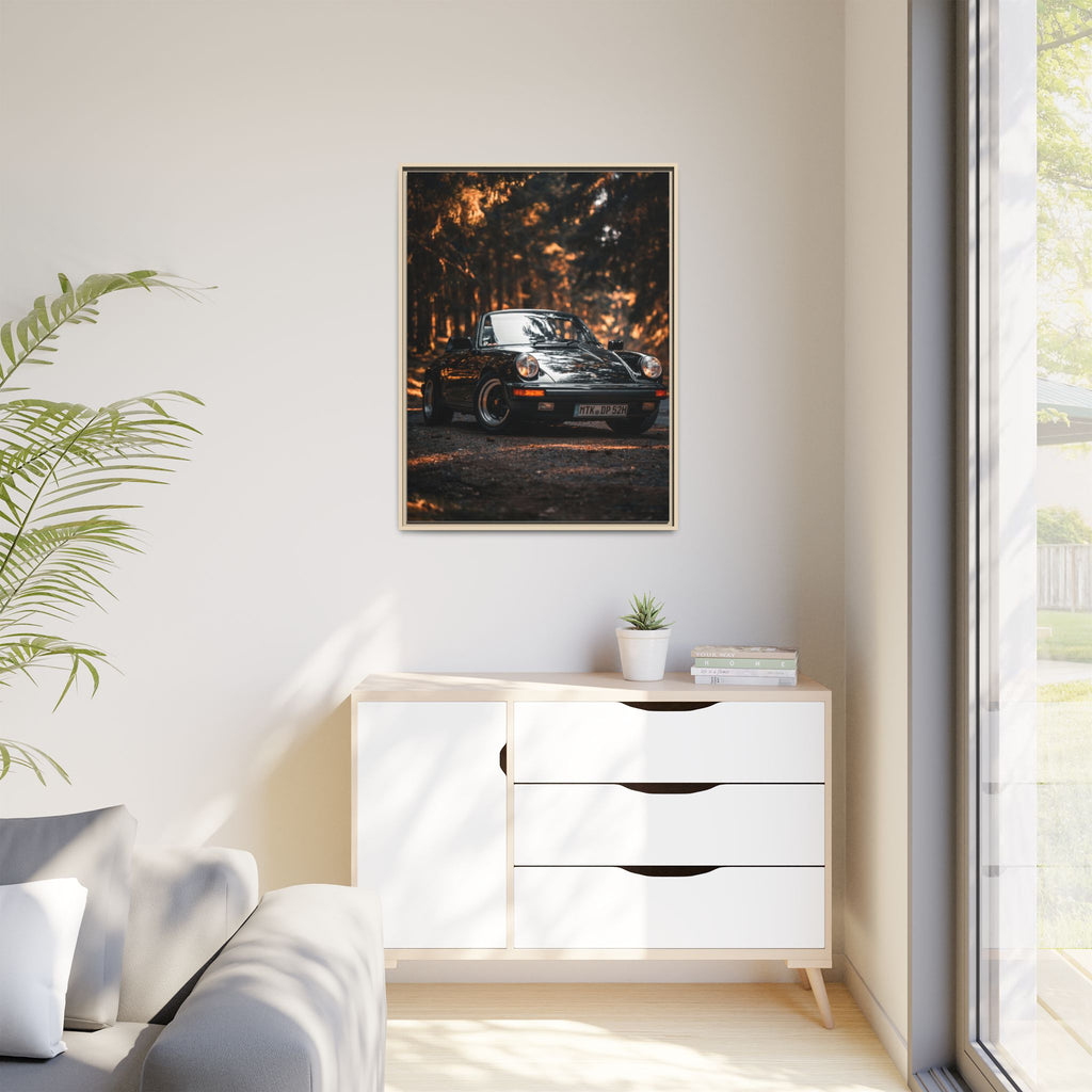 Framed Matte Canvas Print — Vintage Black Porsche in Autumn Forest