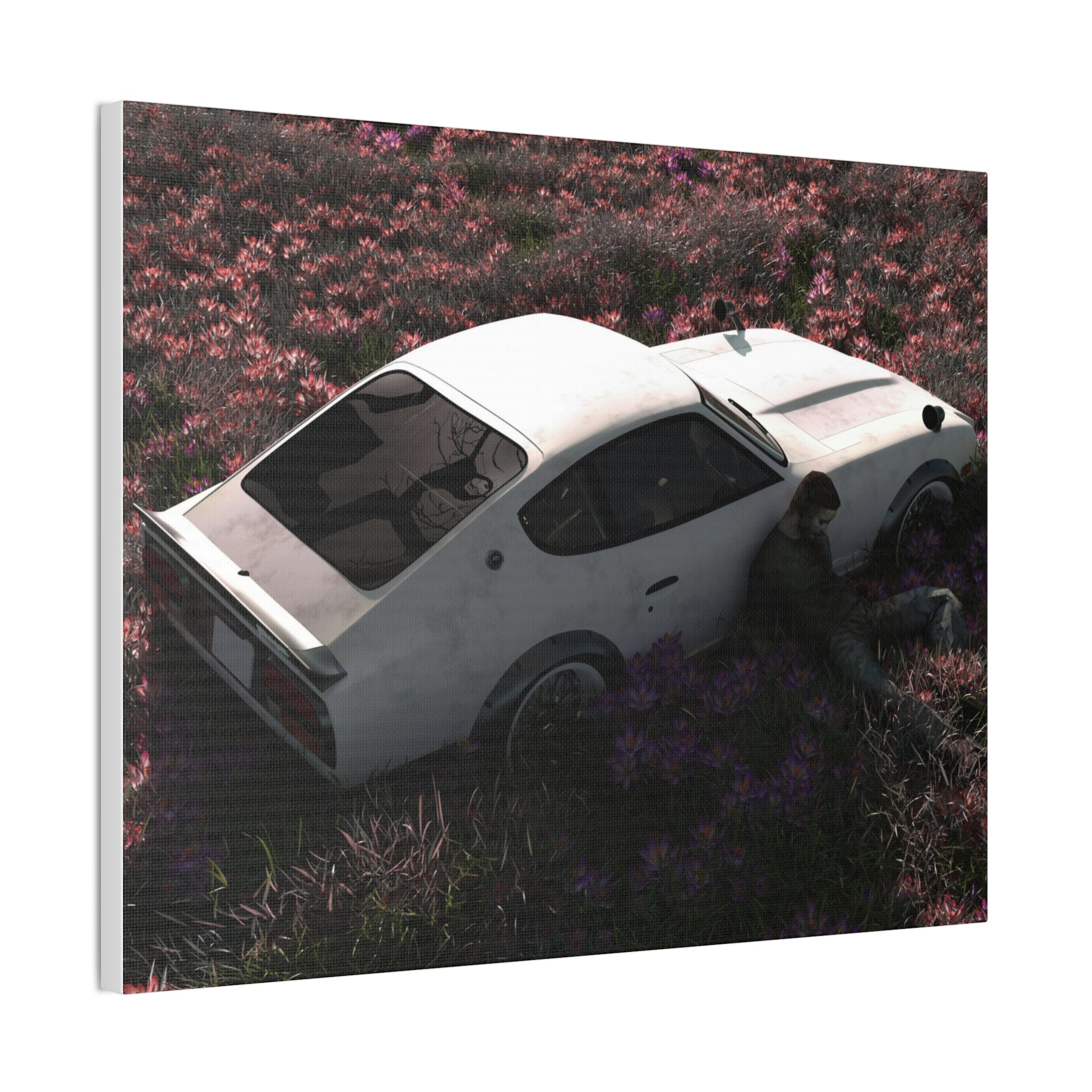 Vintage White Datsun in Wildflower Field Canvas