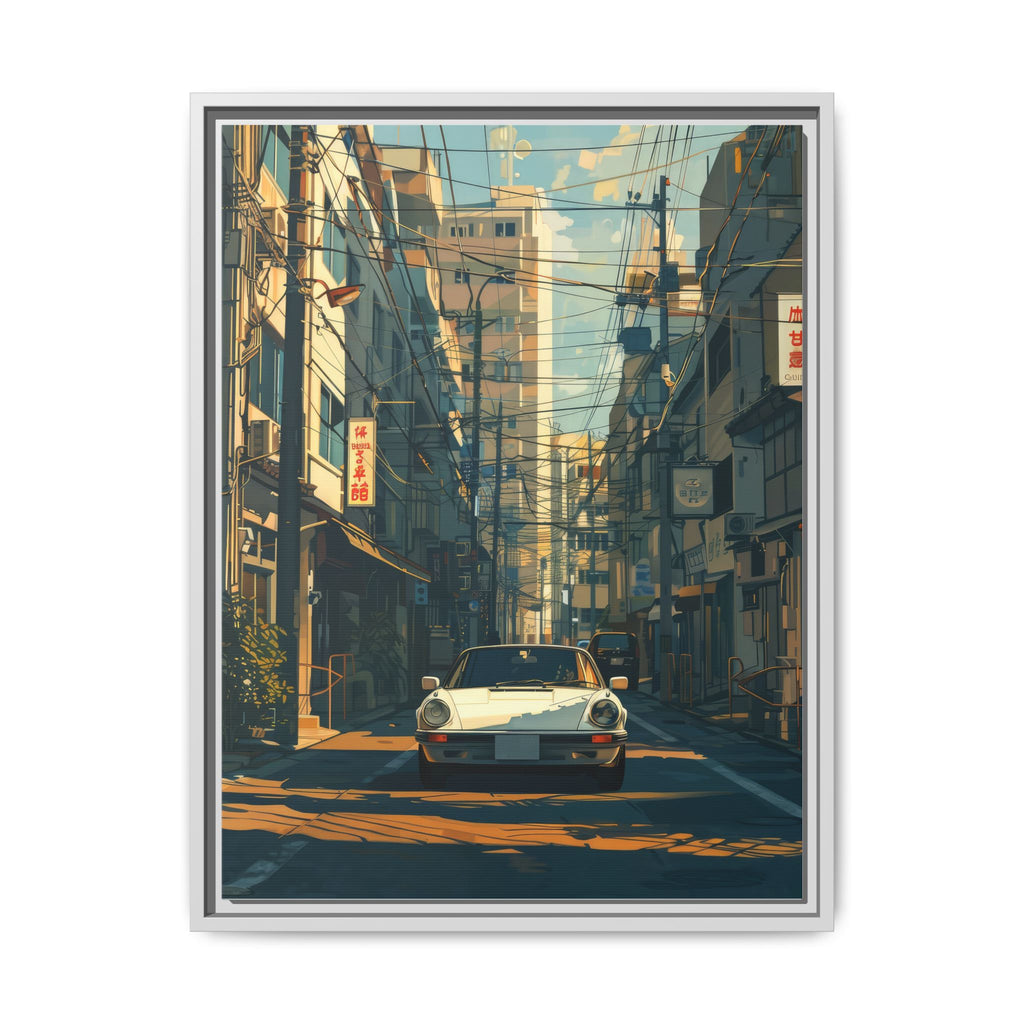 Vintage Sports Car Cityscape Framed Canvas Print