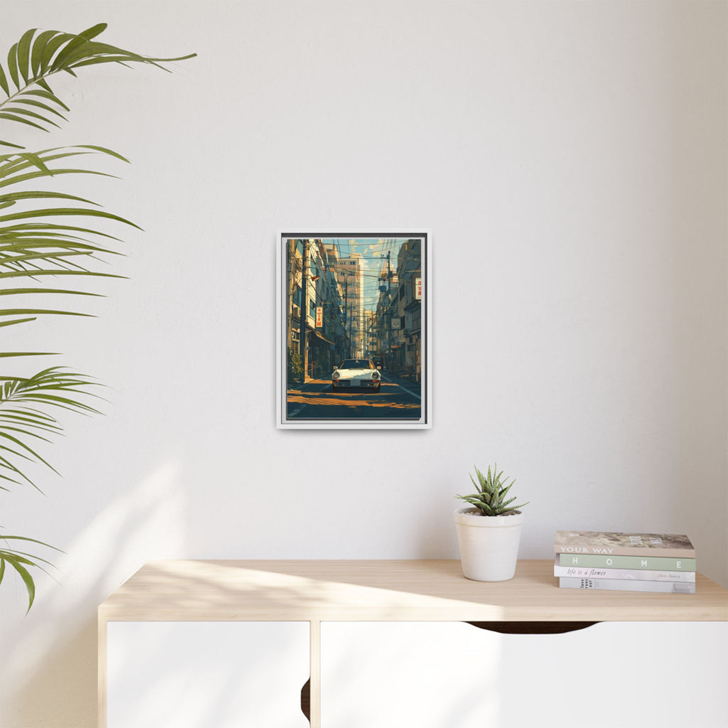 Vintage Sports Car Cityscape Framed Canvas Print
