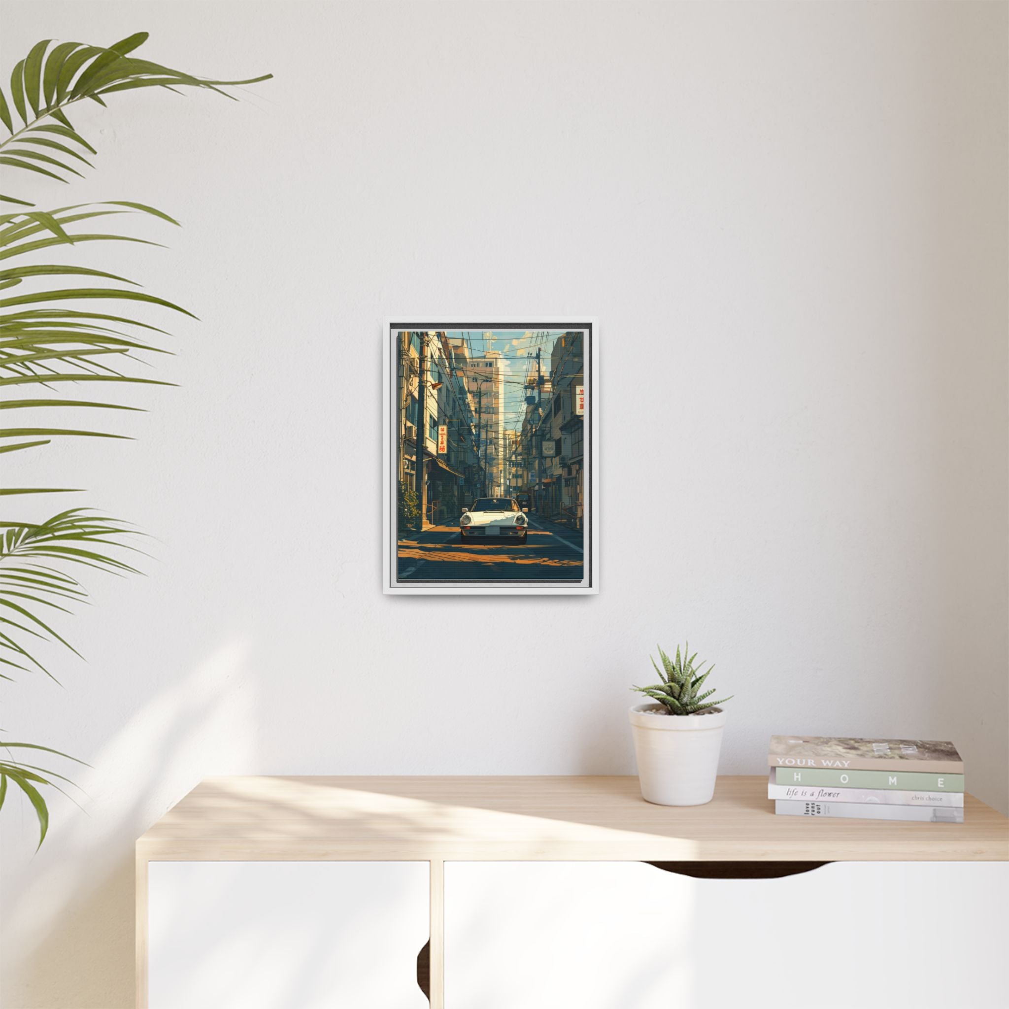 Vintage Sports Car Cityscape Framed Canvas Print