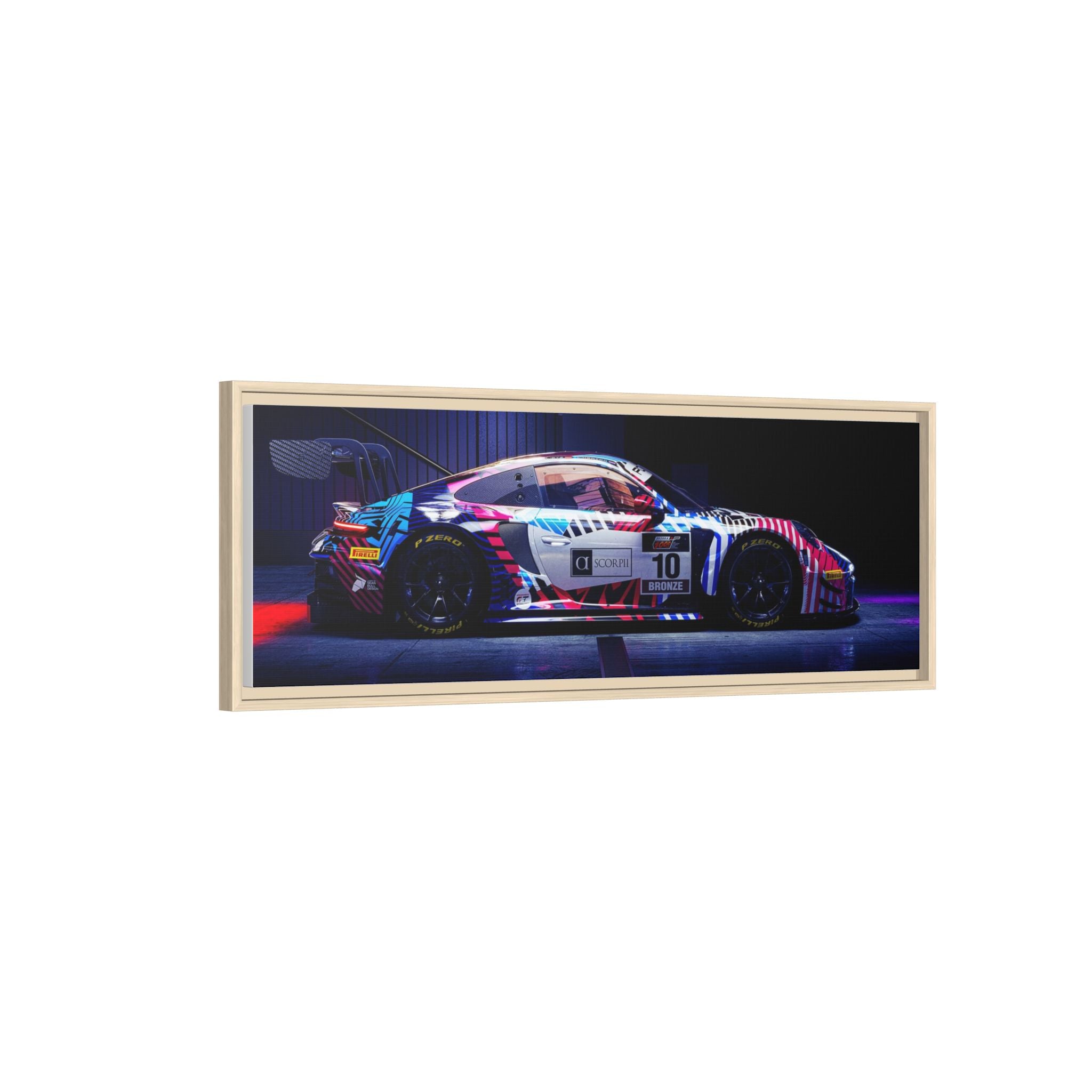 Framed Matte Canvas Print — Neon Racecar Wall Art