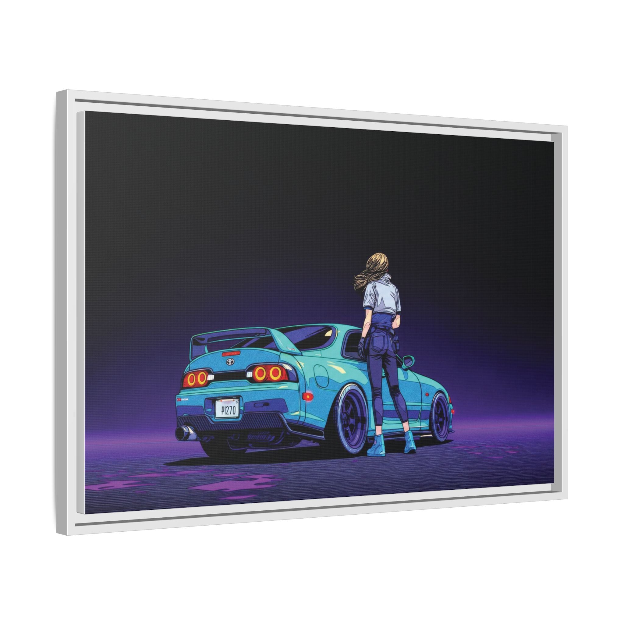 Retro Neon Race Car Poster Matte Canvas Framed | Anime Driver Wall Art