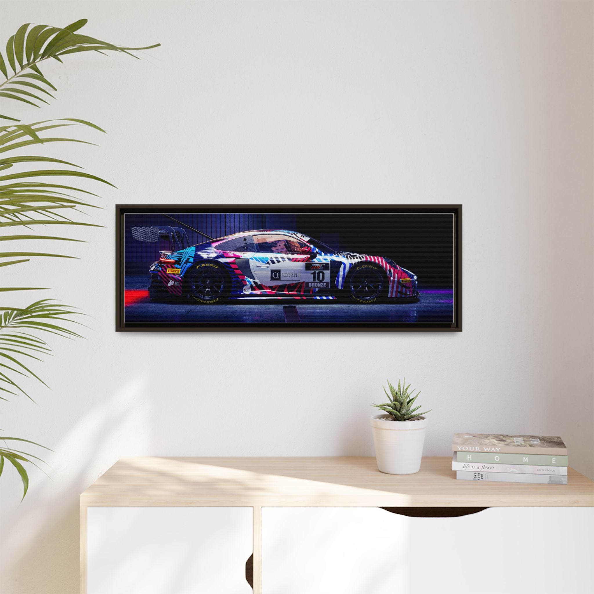 Framed Matte Canvas Print — Neon Racecar Wall Art
