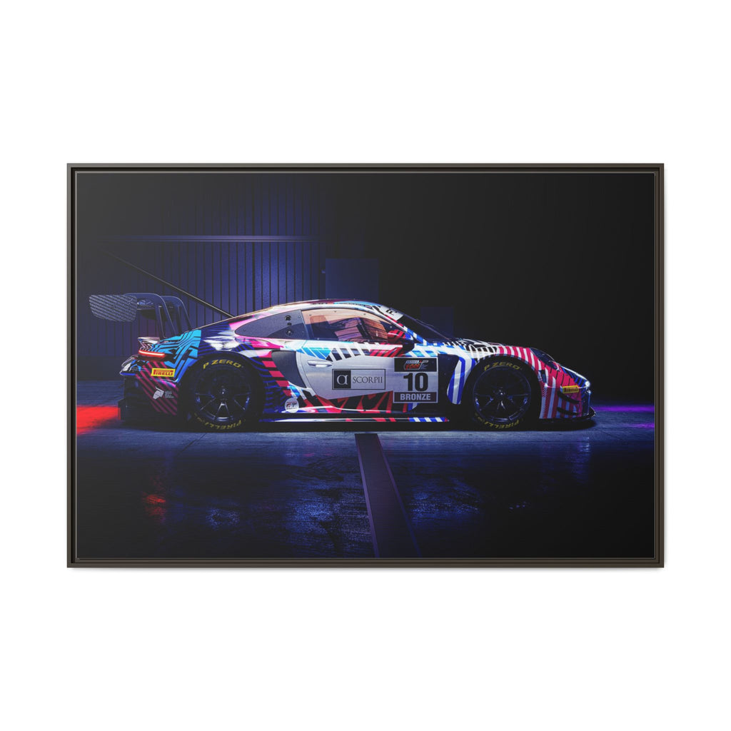 Framed Matte Canvas Print — Neon Racecar Wall Art