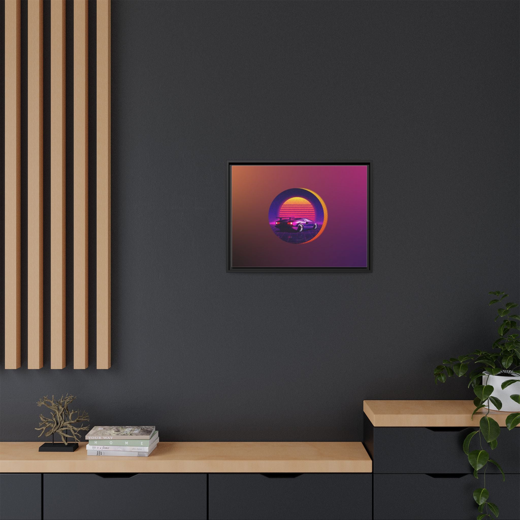 Retro Sunset Sports Car Matte Canvas Framed Wall Art