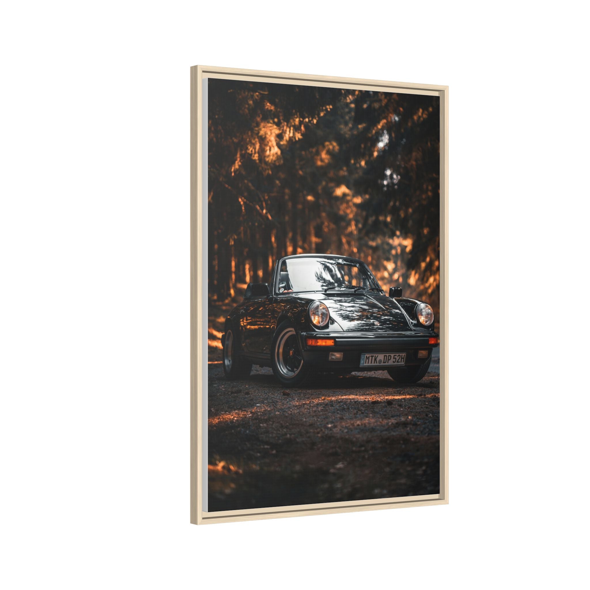 Framed Matte Canvas Print — Vintage Black Porsche in Autumn Forest