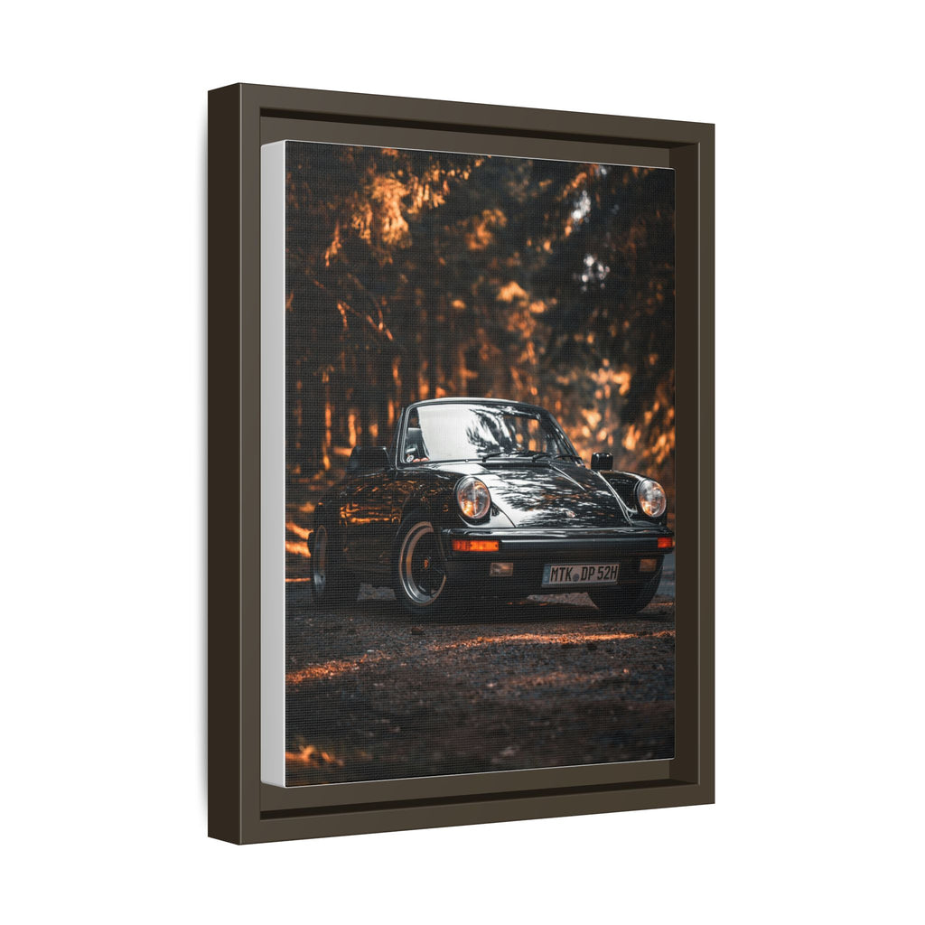 Framed Matte Canvas Print — Vintage Black Porsche in Autumn Forest