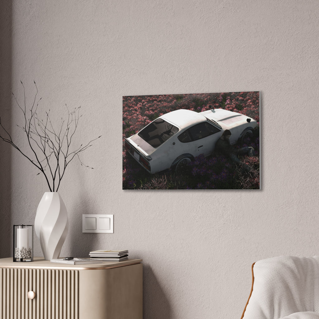 Vintage White Datsun in Wildflower Field Canvas