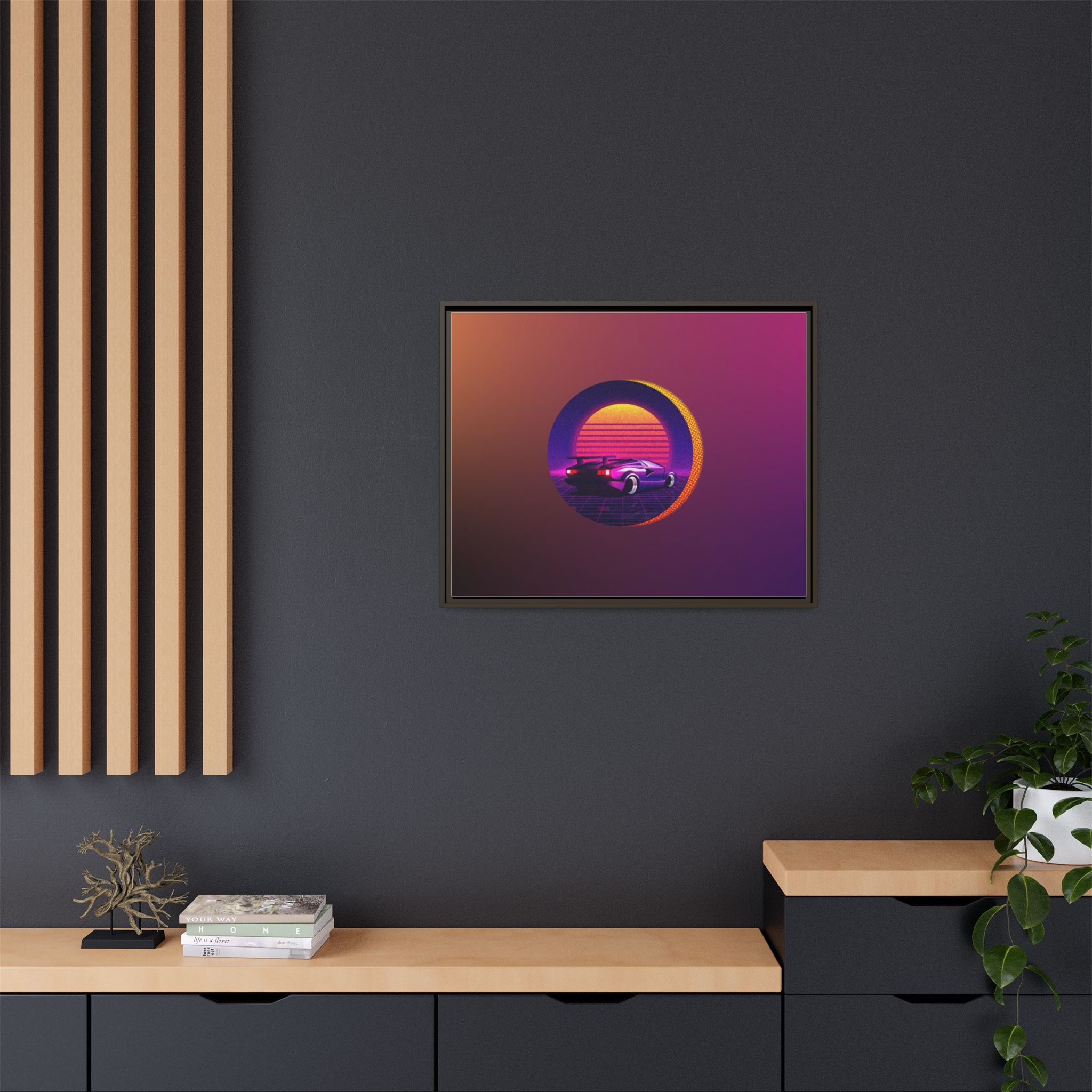 Retro Sunset Sports Car Matte Canvas Framed Wall Art