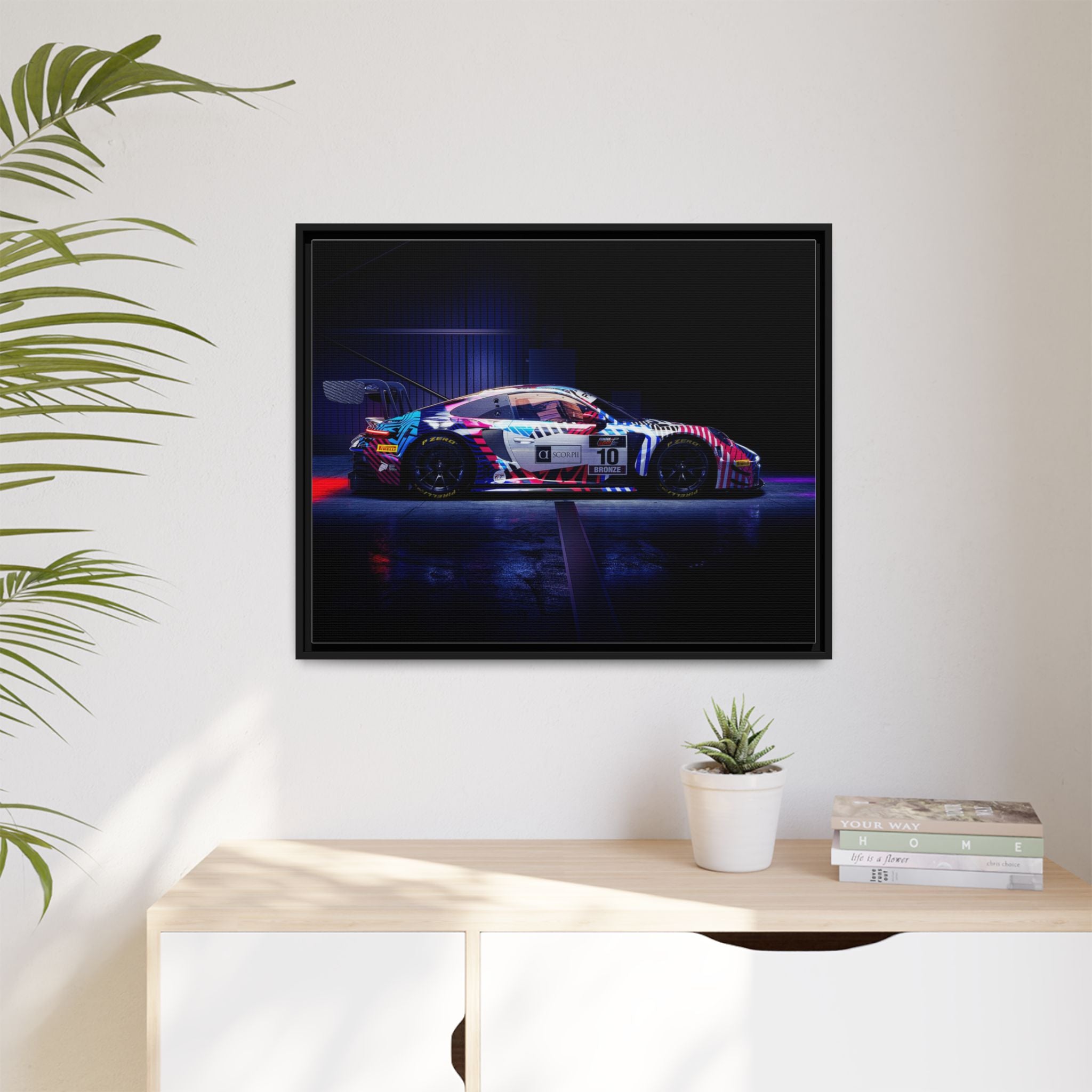 Framed Matte Canvas Print — Neon Racecar Wall Art