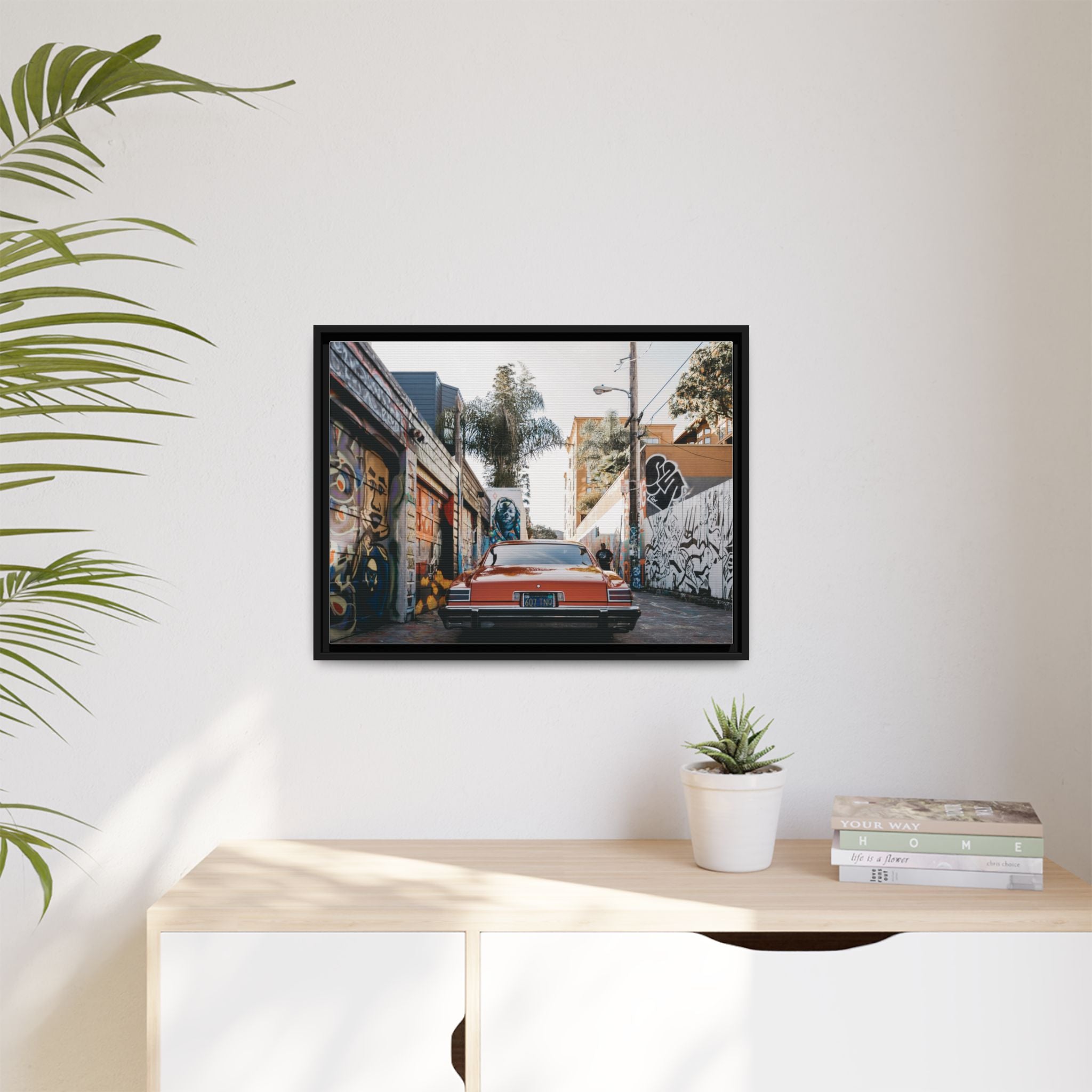 Vintage Chevrolet in Graffiti Alley — Framed Matte Canvas Wall Art