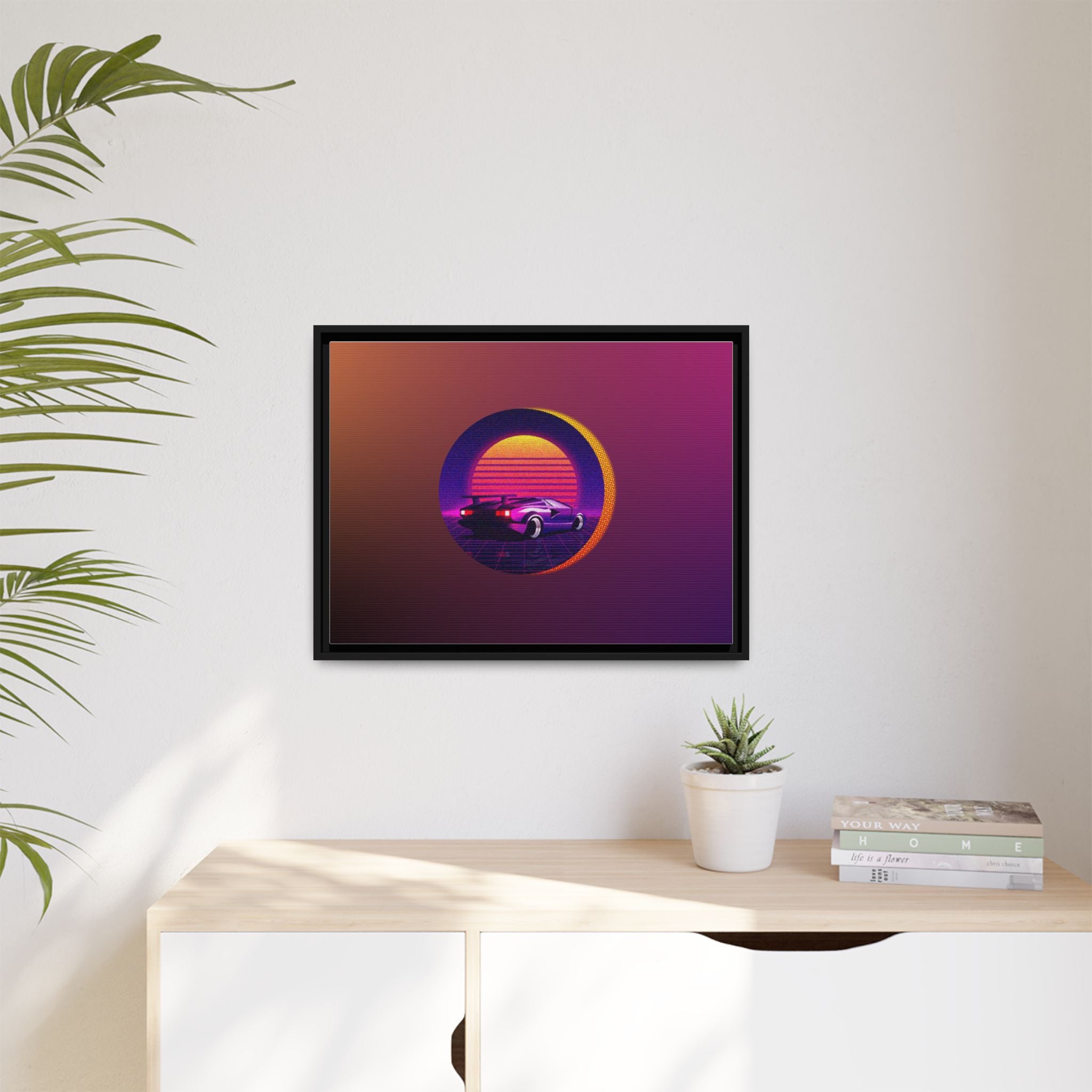 Retro Sunset Sports Car Matte Canvas Framed Wall Art