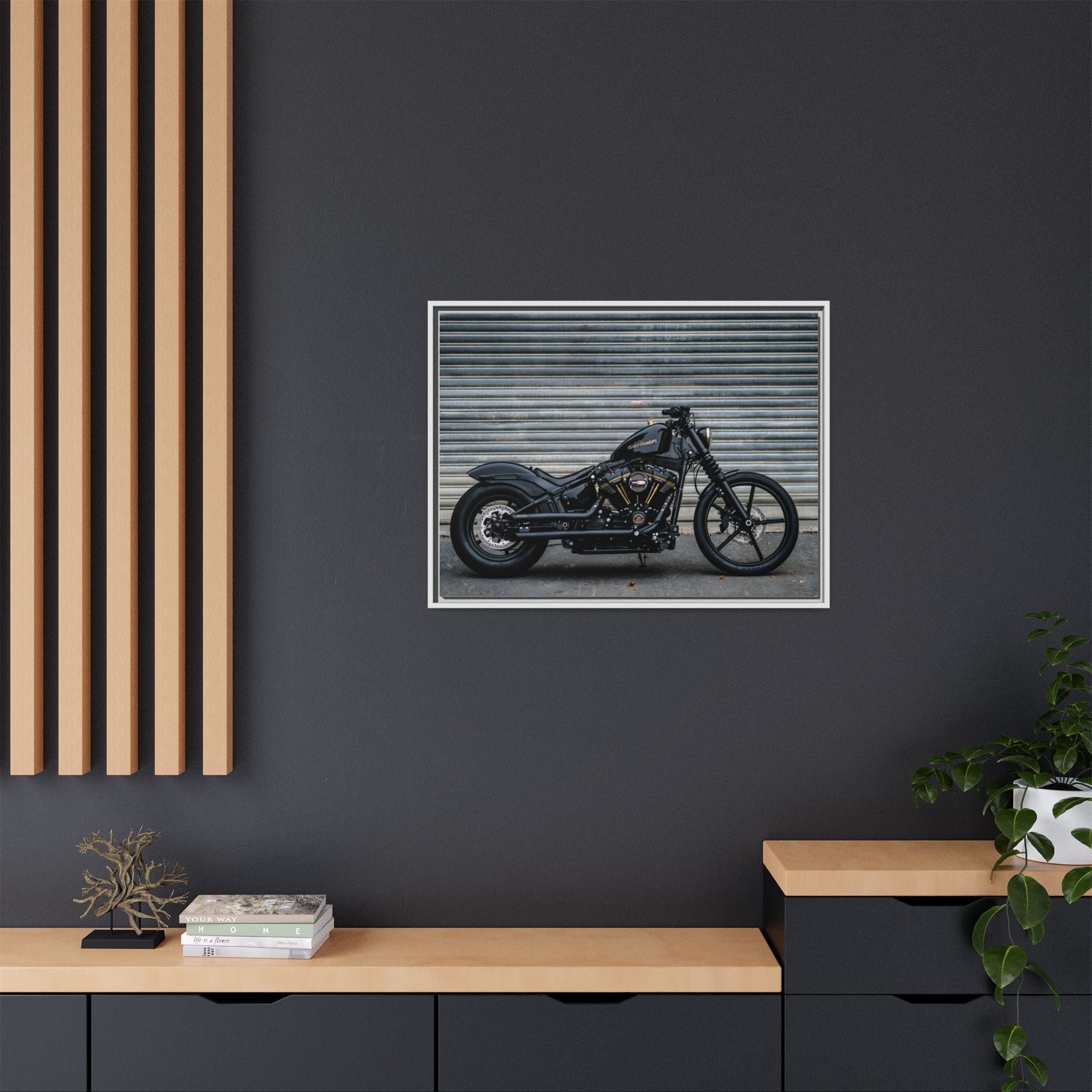 Framed Matte Canvas Motorcycle Print — Black Bobber Wall Art