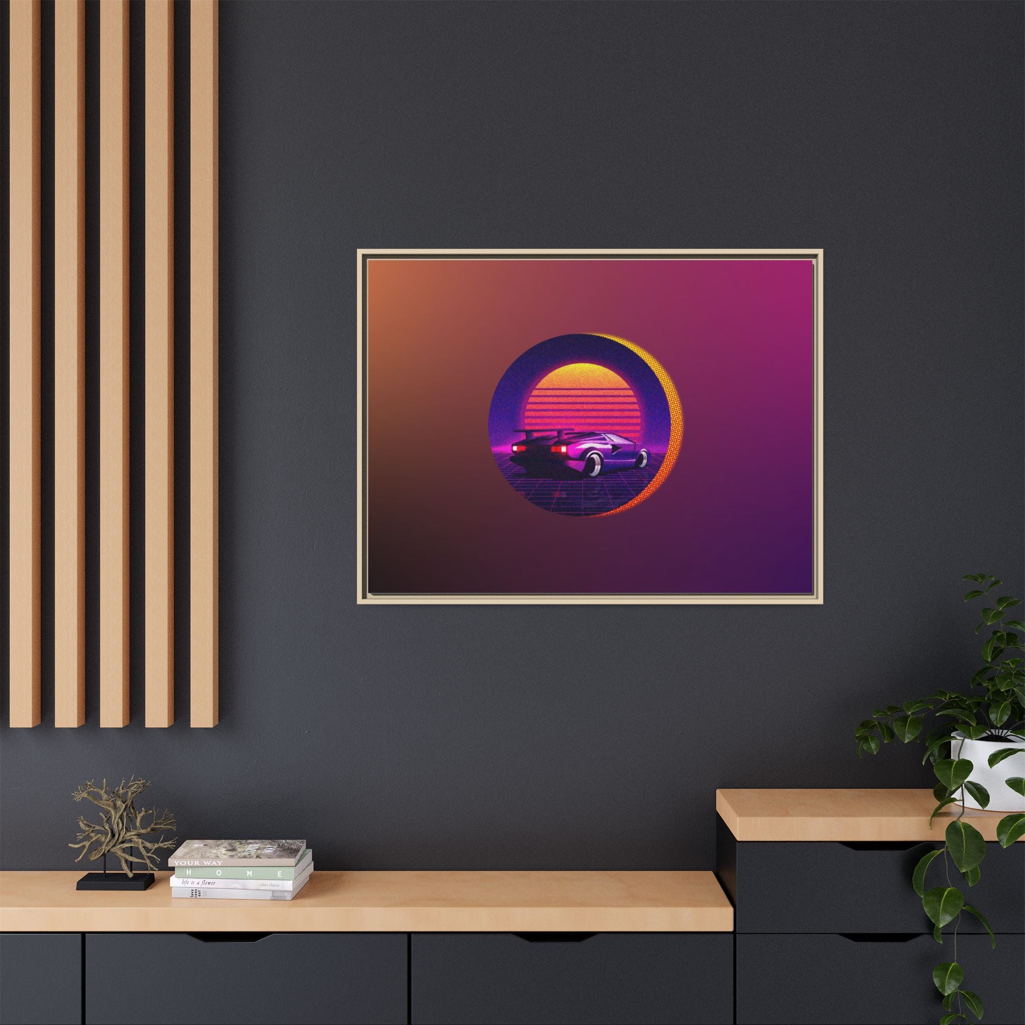 Retro Sunset Sports Car Matte Canvas Framed Wall Art