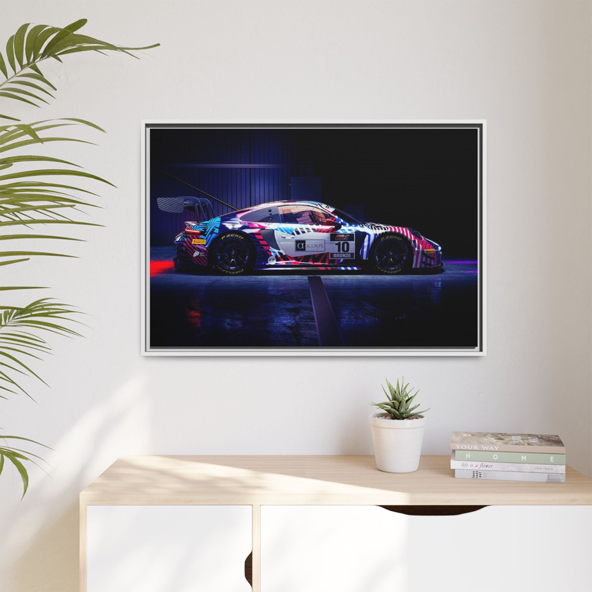 Framed Matte Canvas Print — Neon Racecar Wall Art