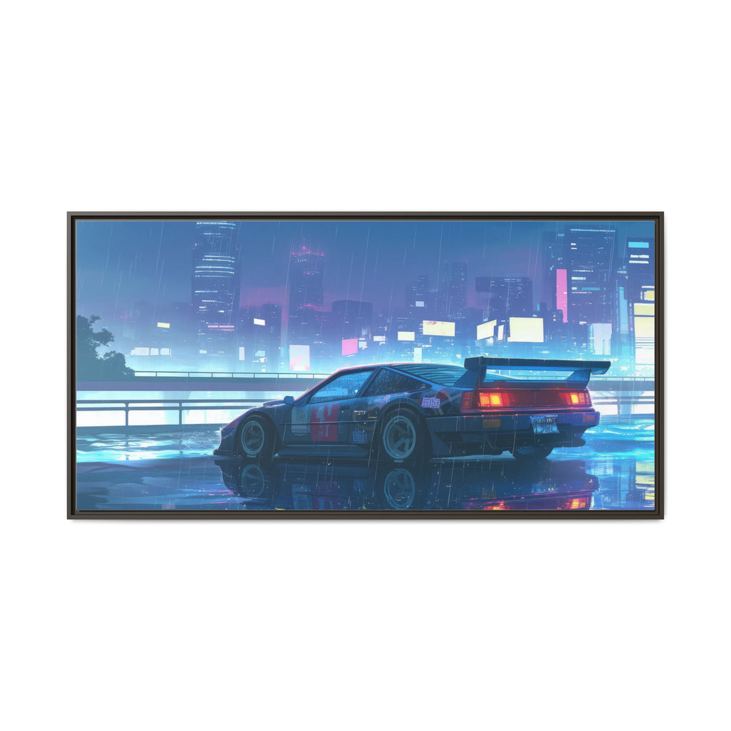 Retro Neon City Car Matte Canvas Print — Framed Wall Art