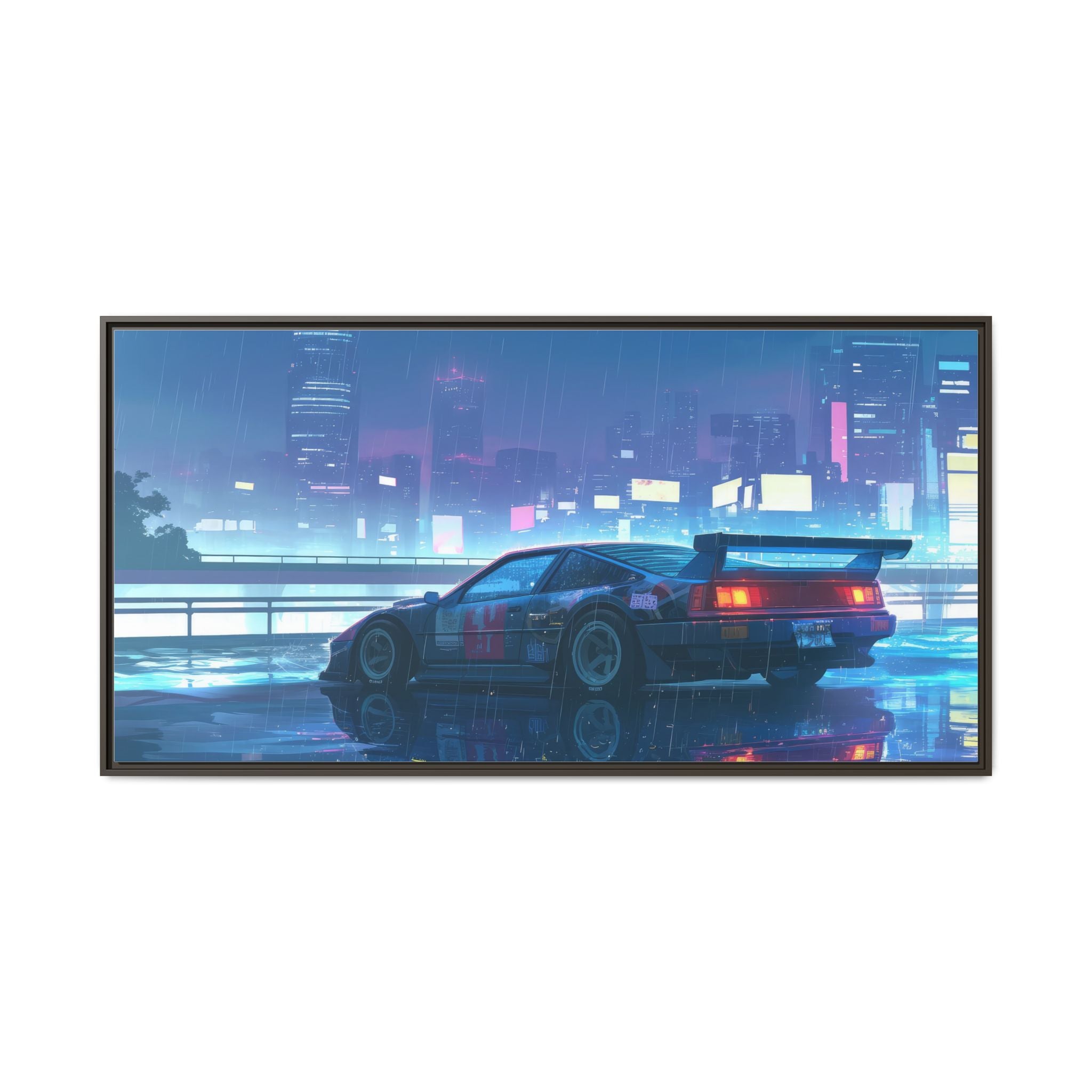 Retro Neon City Car Matte Canvas Print — Framed Wall Art