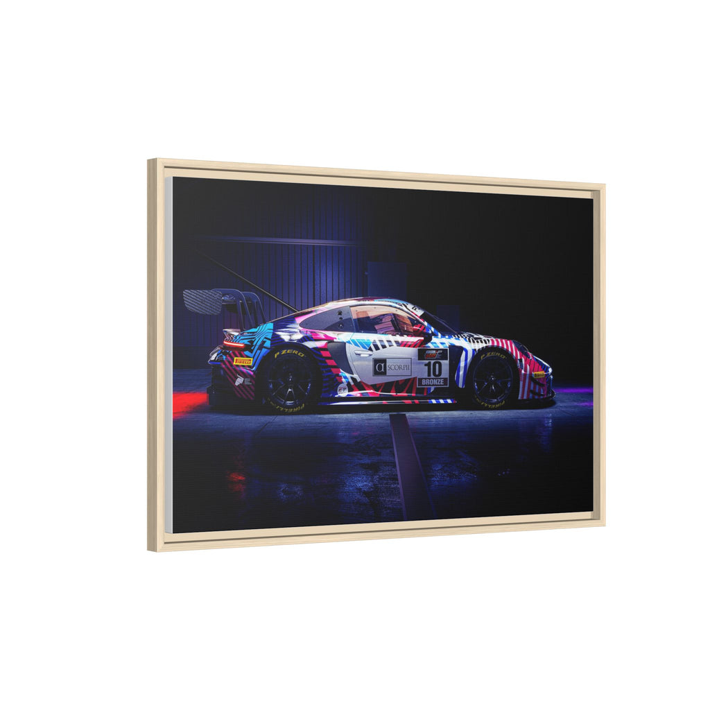 Framed Matte Canvas Print — Neon Racecar Wall Art