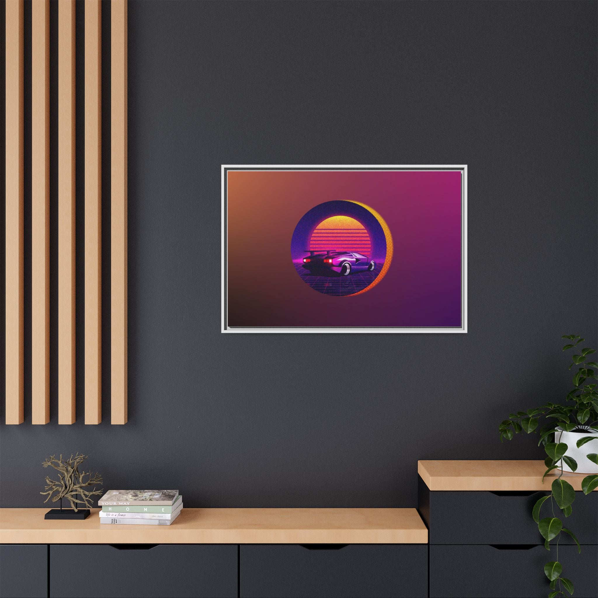 Retro Sunset Sports Car Matte Canvas Framed Wall Art