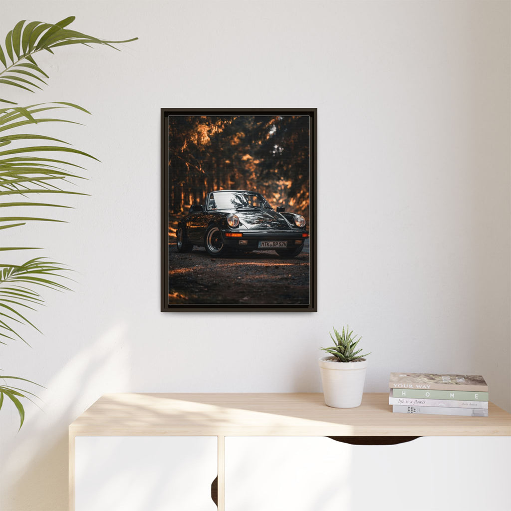 Framed Matte Canvas Print — Vintage Black Porsche in Autumn Forest
