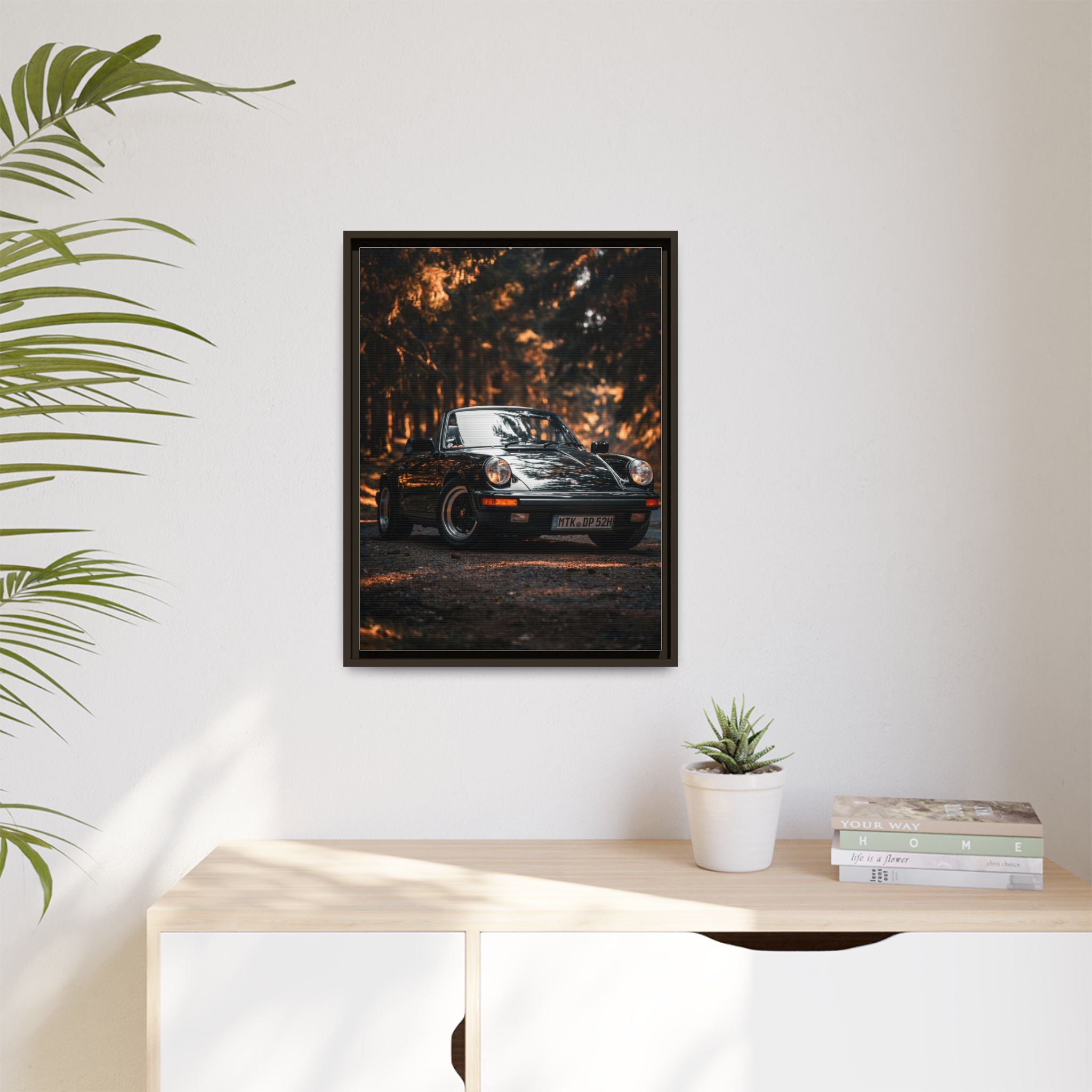 Framed Matte Canvas Print — Vintage Black Porsche in Autumn Forest