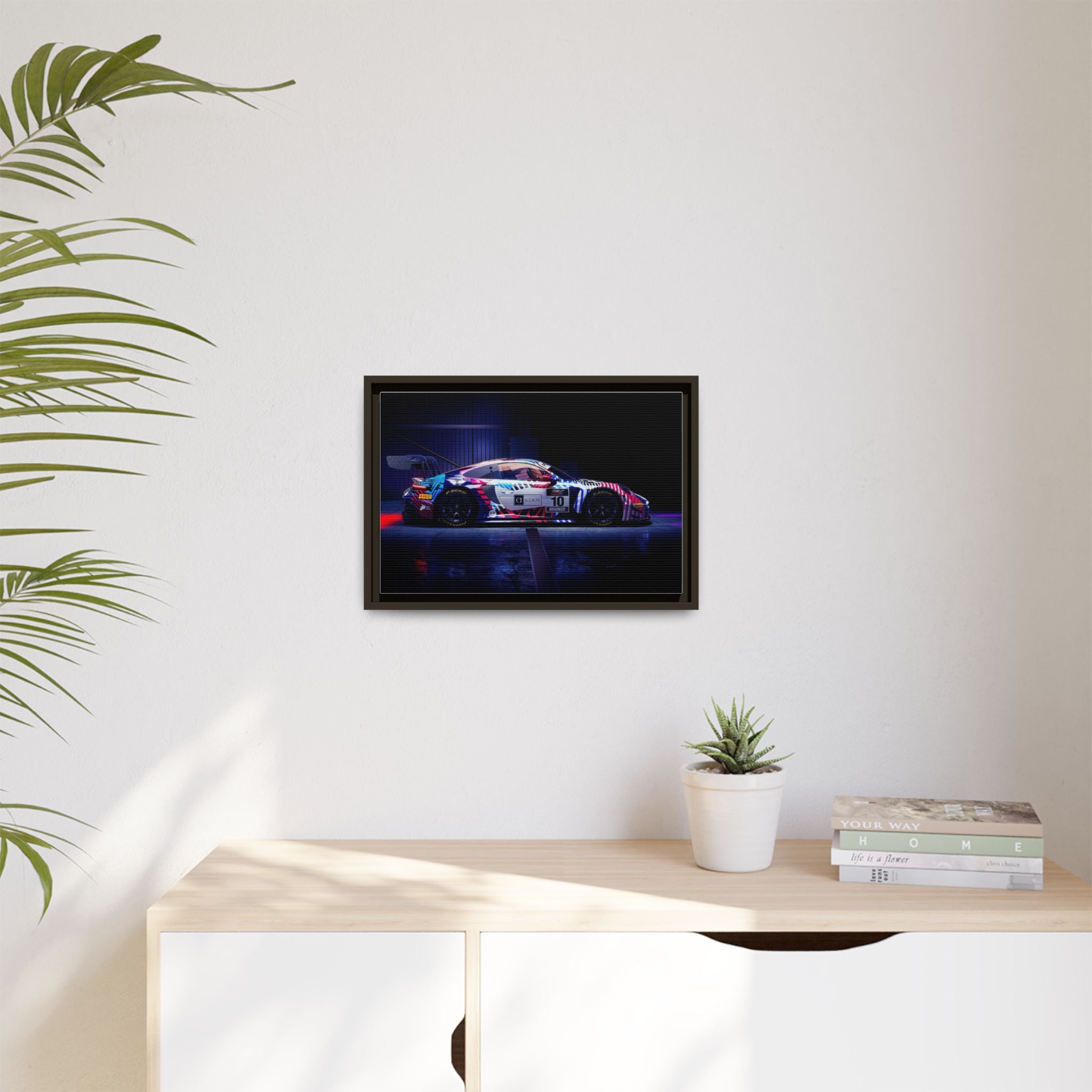 Framed Matte Canvas Print — Neon Racecar Wall Art