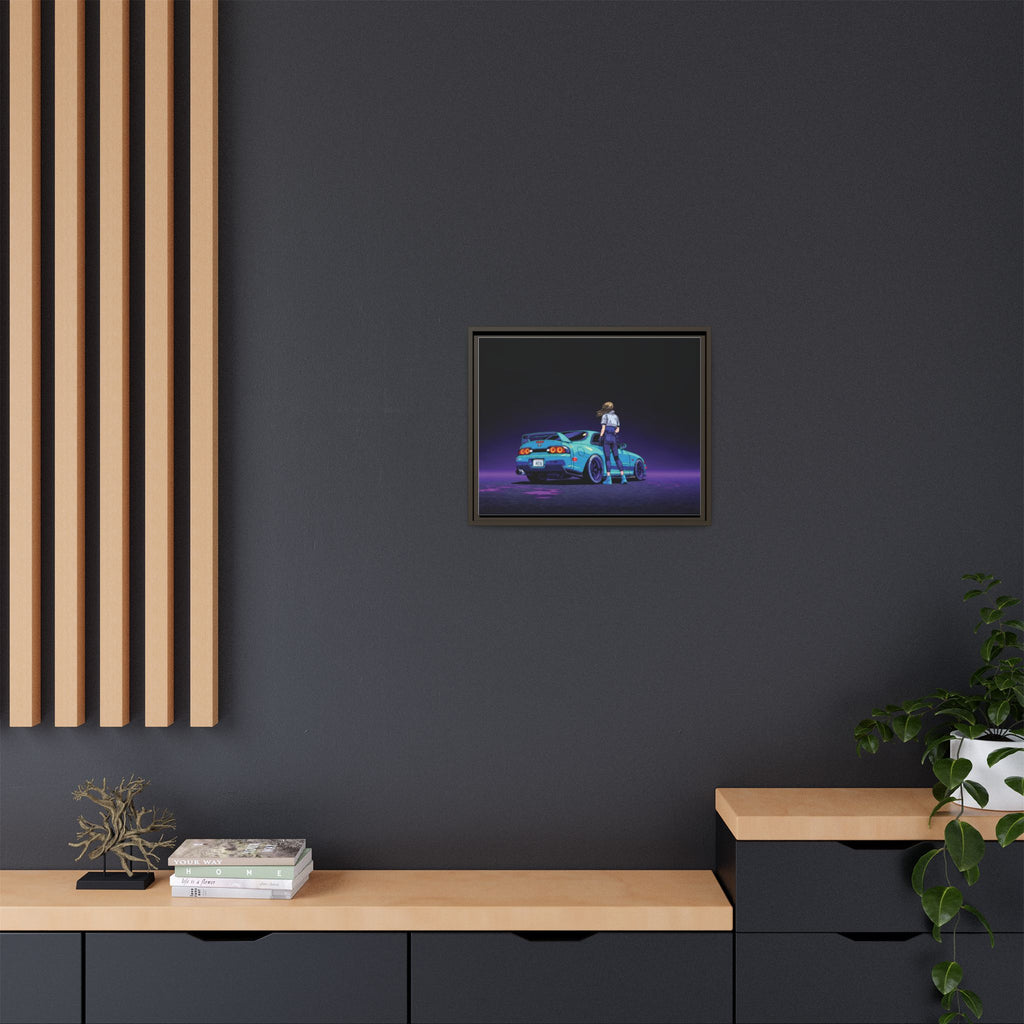Retro Neon Race Car Poster Matte Canvas Framed | Anime Driver Wall Art