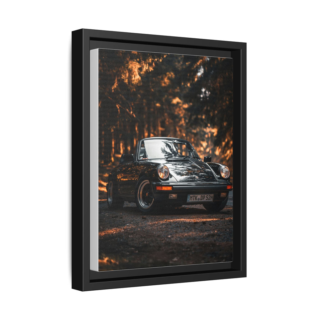 Framed Matte Canvas Print — Vintage Black Porsche in Autumn Forest