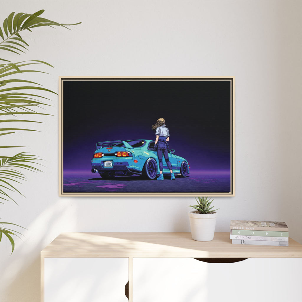 Retro Neon Race Car Poster Matte Canvas Framed | Anime Driver Wall Art