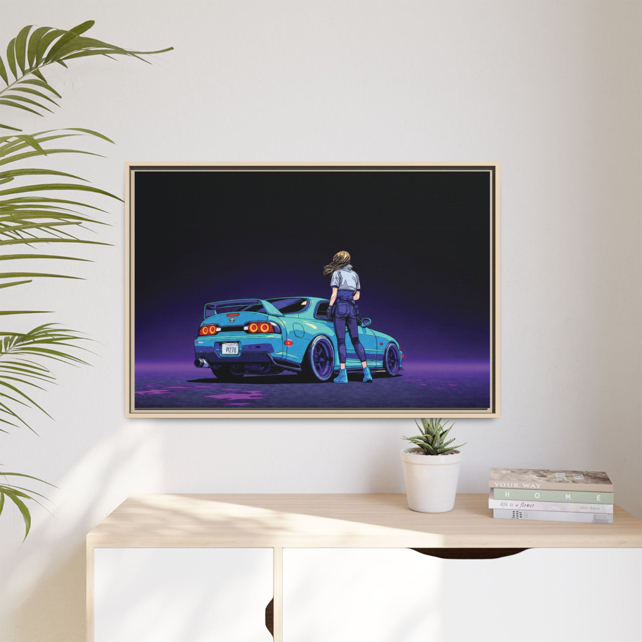 Retro Neon Race Car Poster Matte Canvas Framed | Anime Driver Wall Art