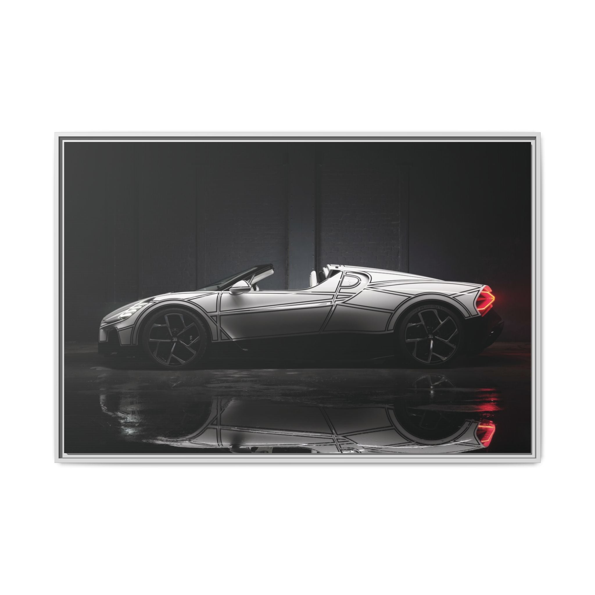Framed Matte Canvas: Sleek Sports Car Reflection Wall Art