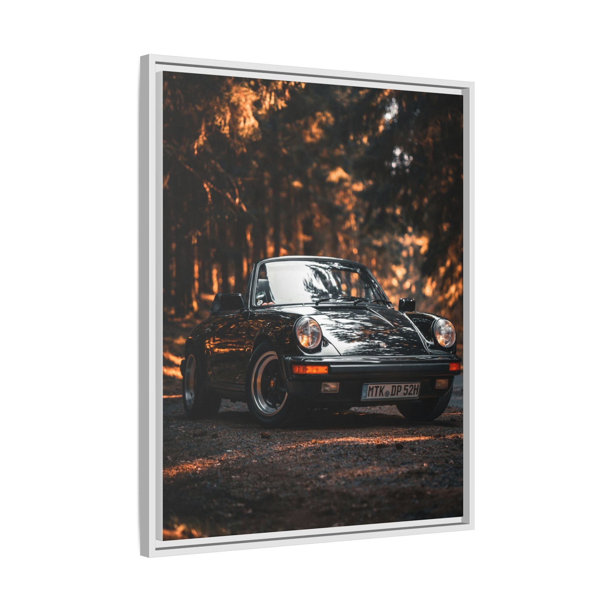 Framed Matte Canvas Print — Vintage Black Porsche in Autumn Forest
