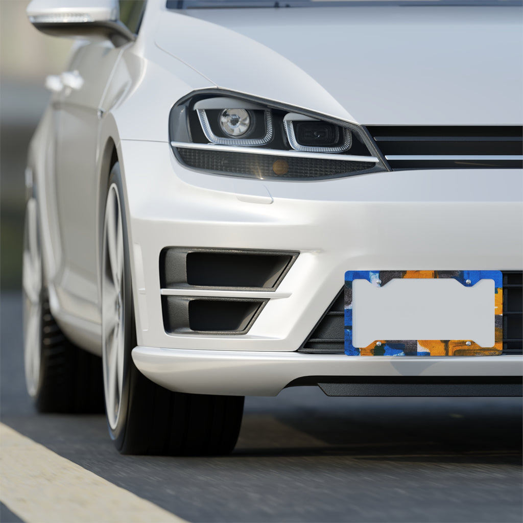 Abstract Blue & Orange Metal License Plate Frame — Colorful Geometric Car Trim