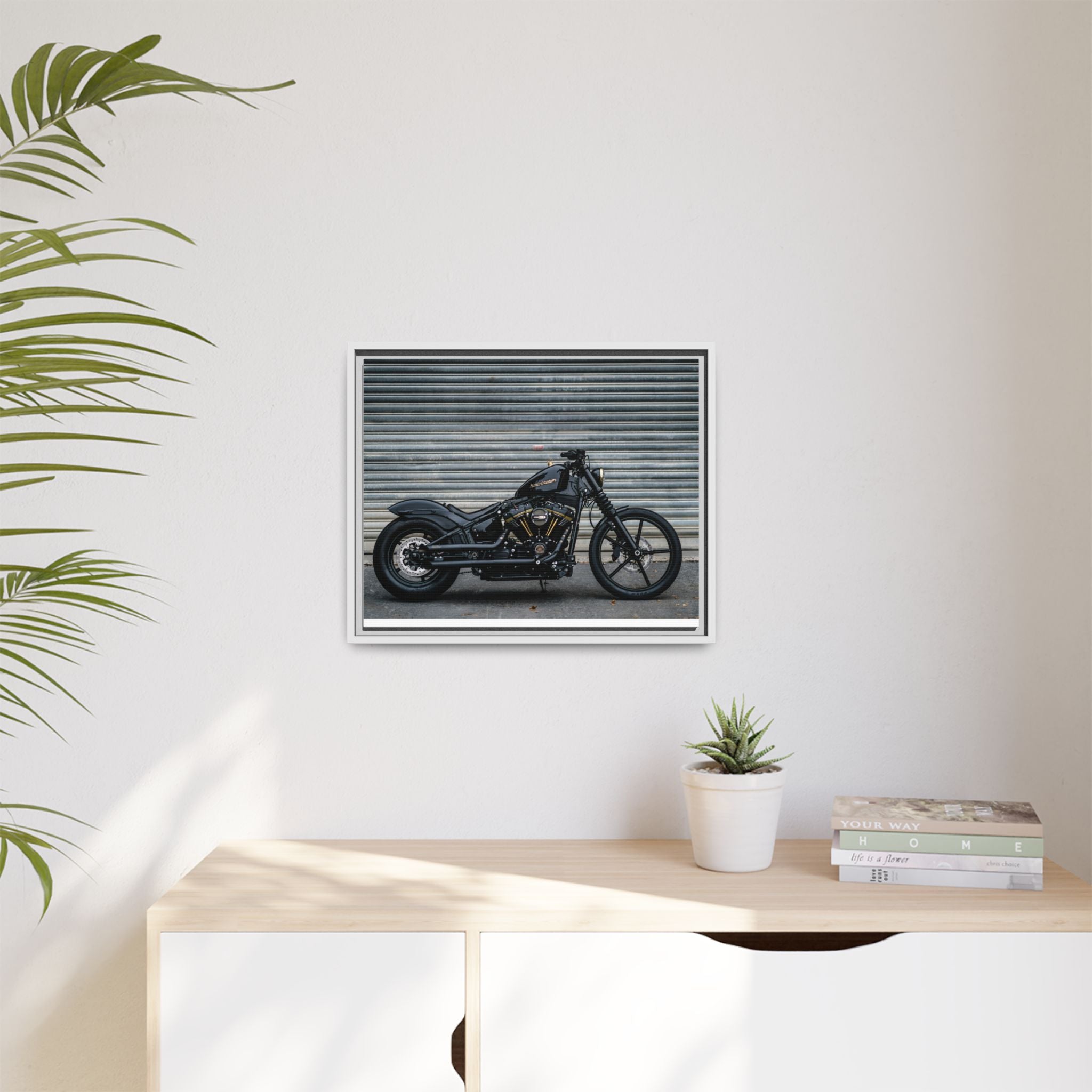 Framed Matte Canvas Motorcycle Print — Black Bobber Wall Art