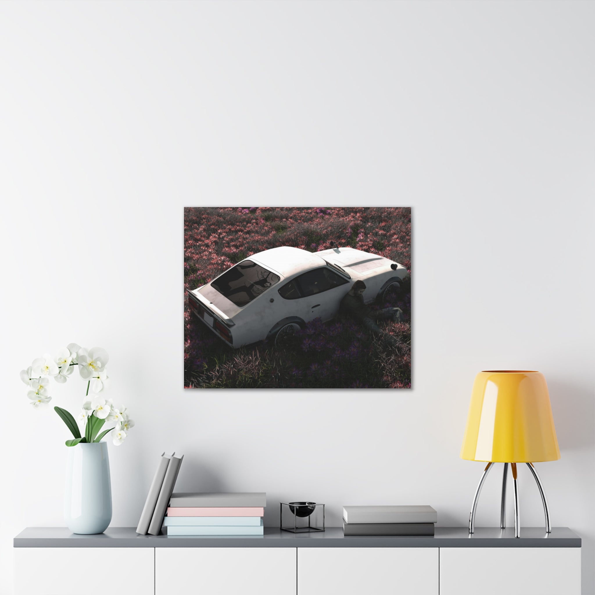 Vintage White Datsun in Wildflower Field Canvas