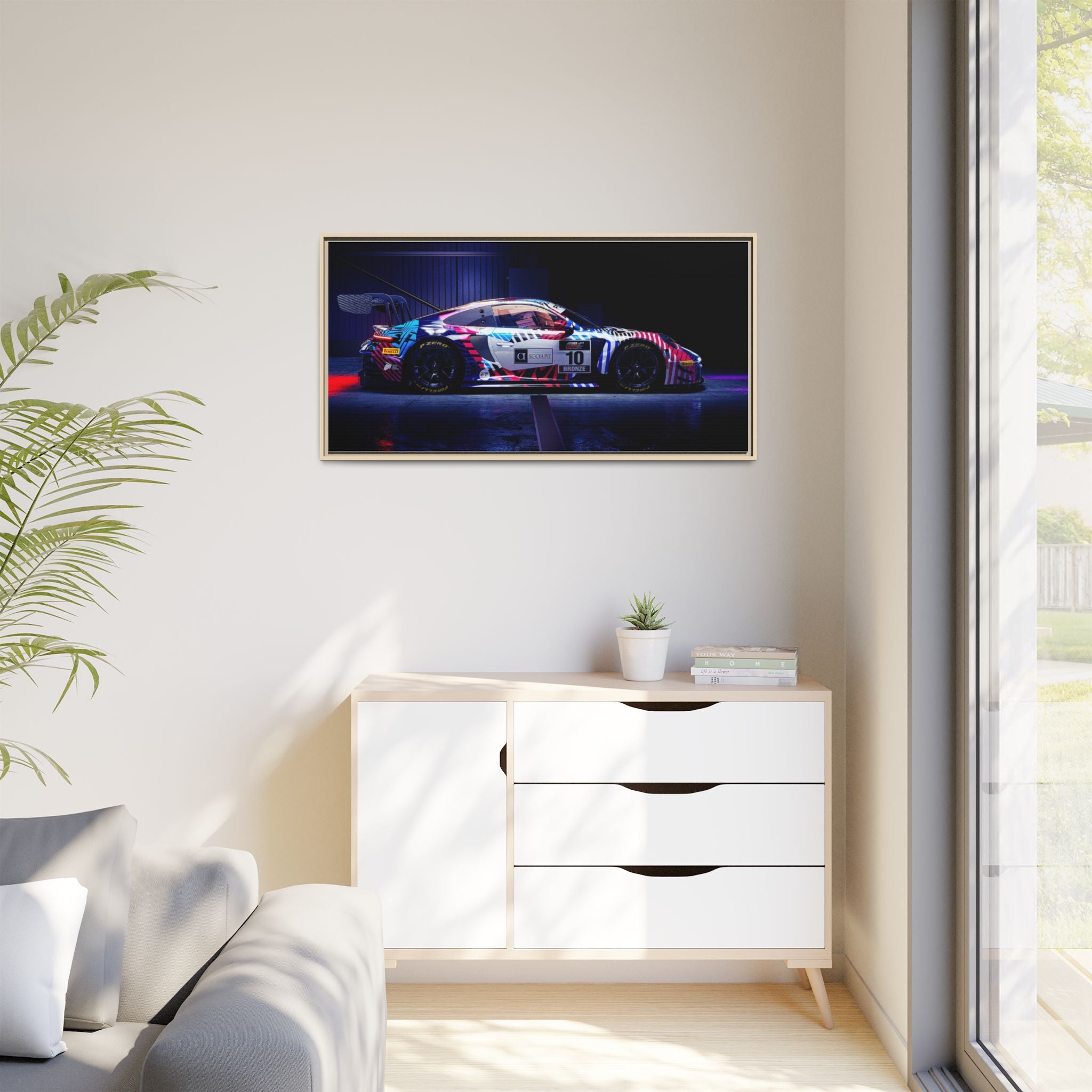 Framed Matte Canvas Print — Neon Racecar Wall Art