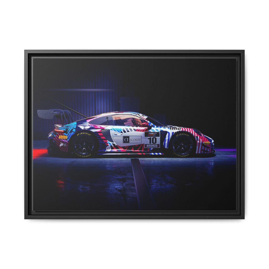 Framed Matte Canvas Print — Neon Racecar Wall Art