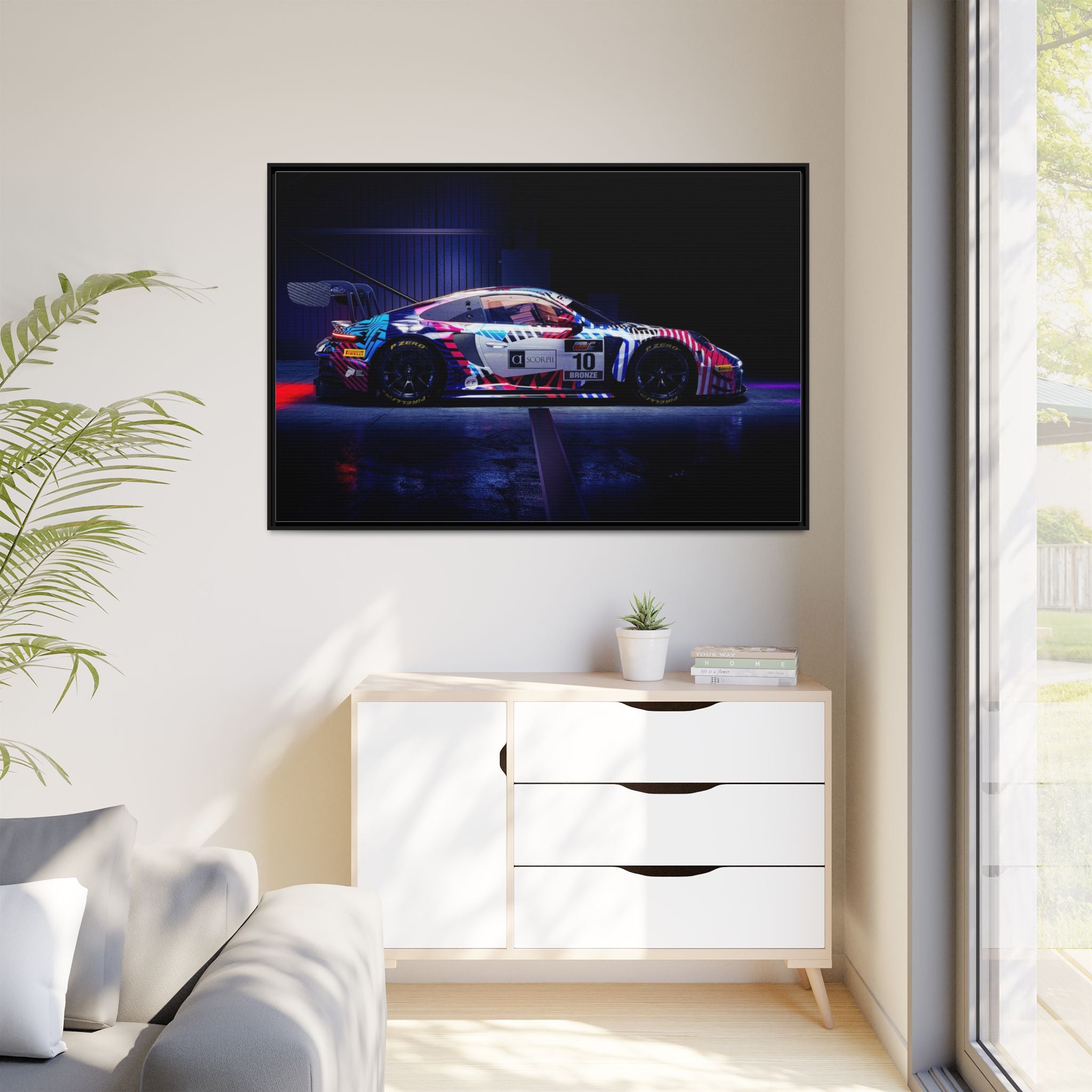 Framed Matte Canvas Print — Neon Racecar Wall Art