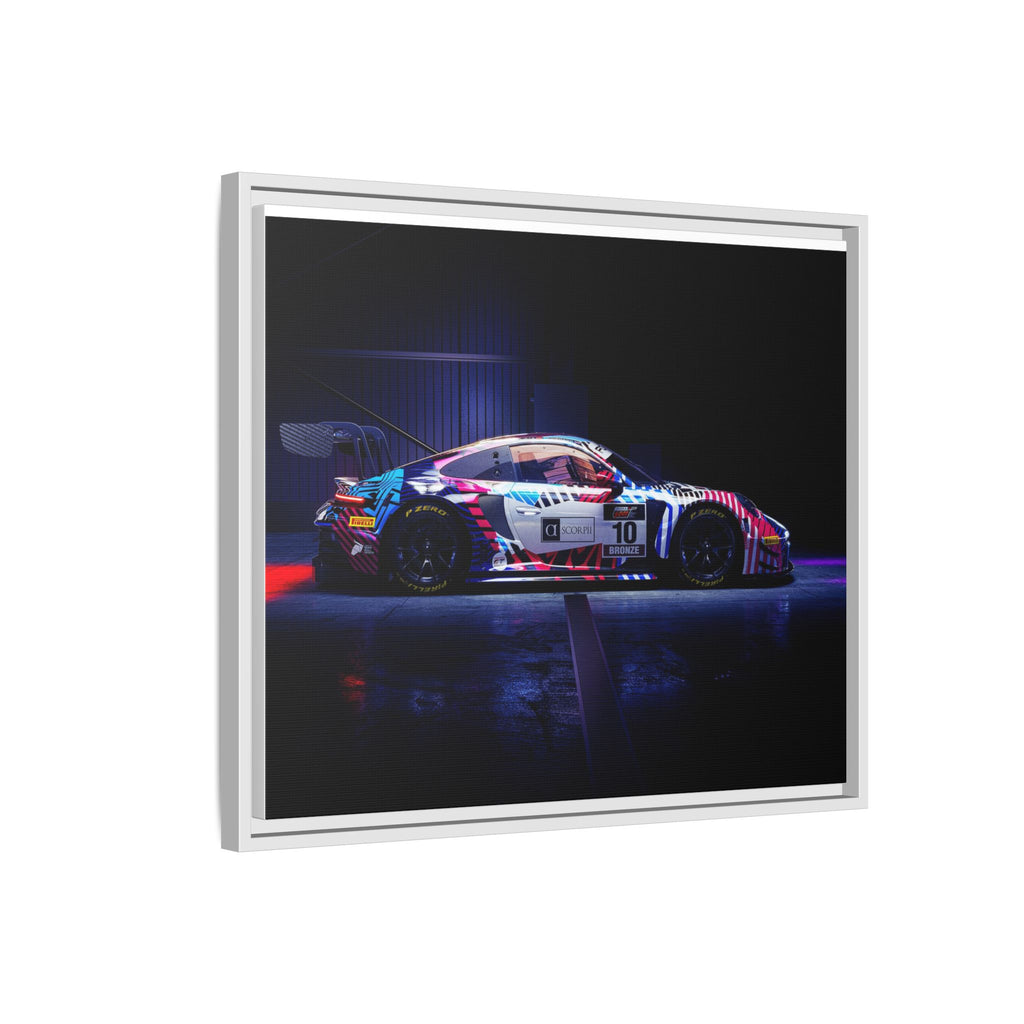 Framed Matte Canvas Print — Neon Racecar Wall Art