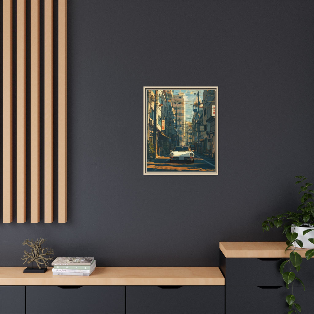 Vintage Sports Car Cityscape Framed Canvas Print
